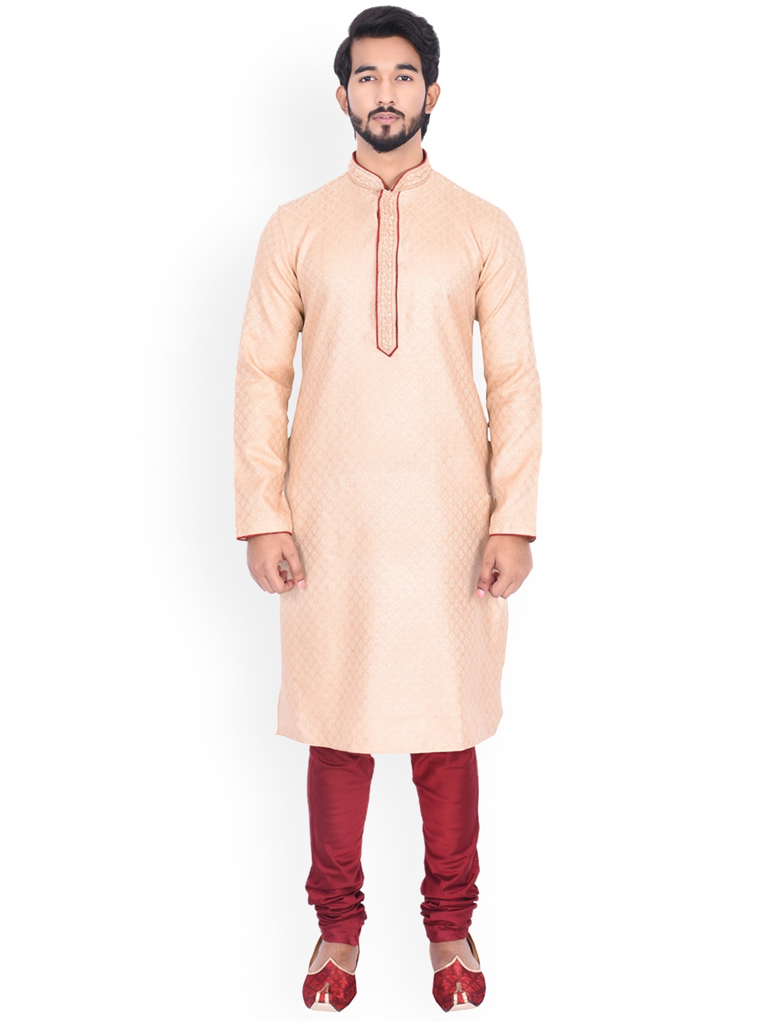

Manyavar Men Beige & Maroon Self Design Kurta with Churidar