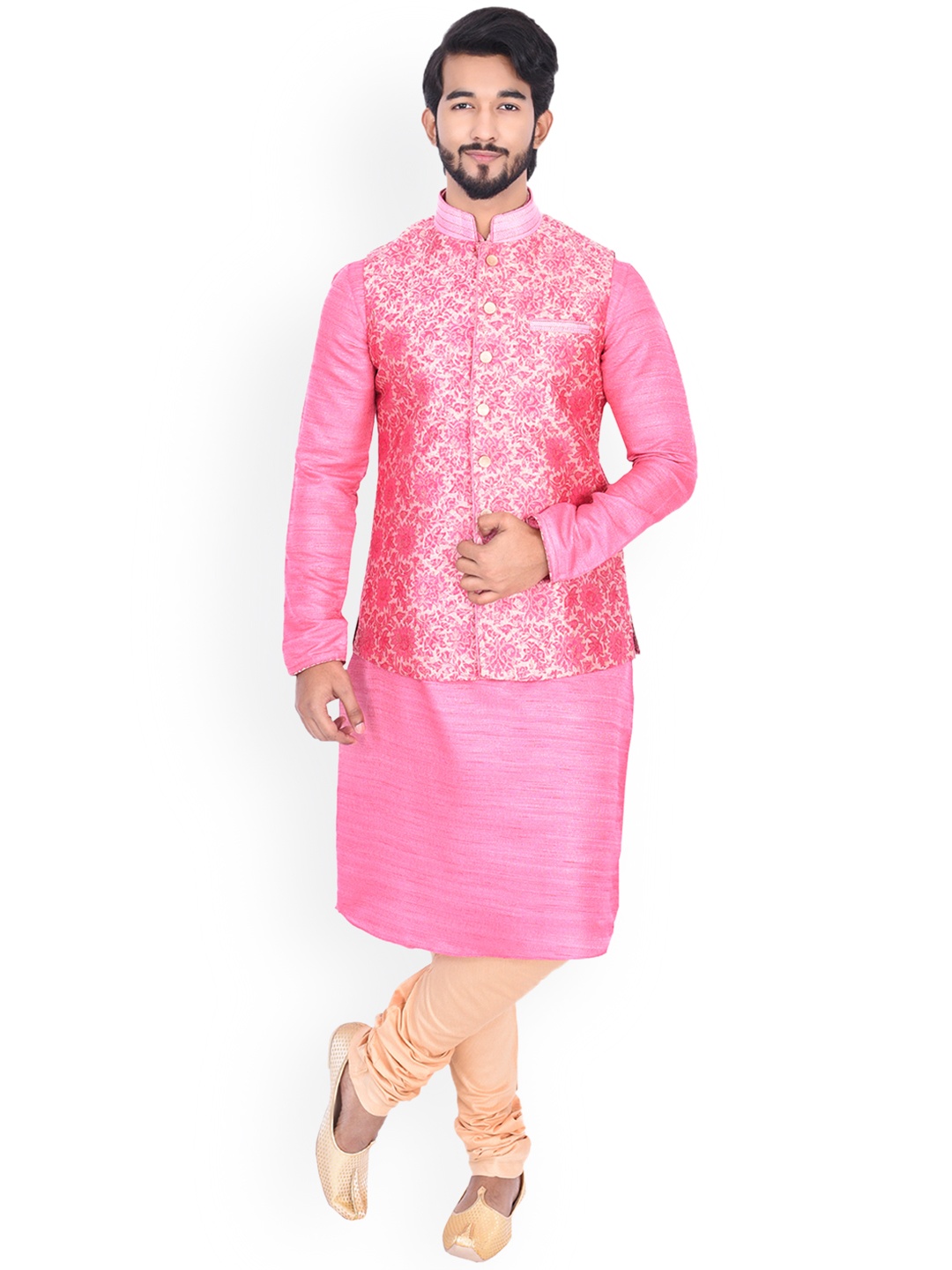 

Manyavar Men Pink & Beige Self Design Kurta with Churidar & Nehru Jacket