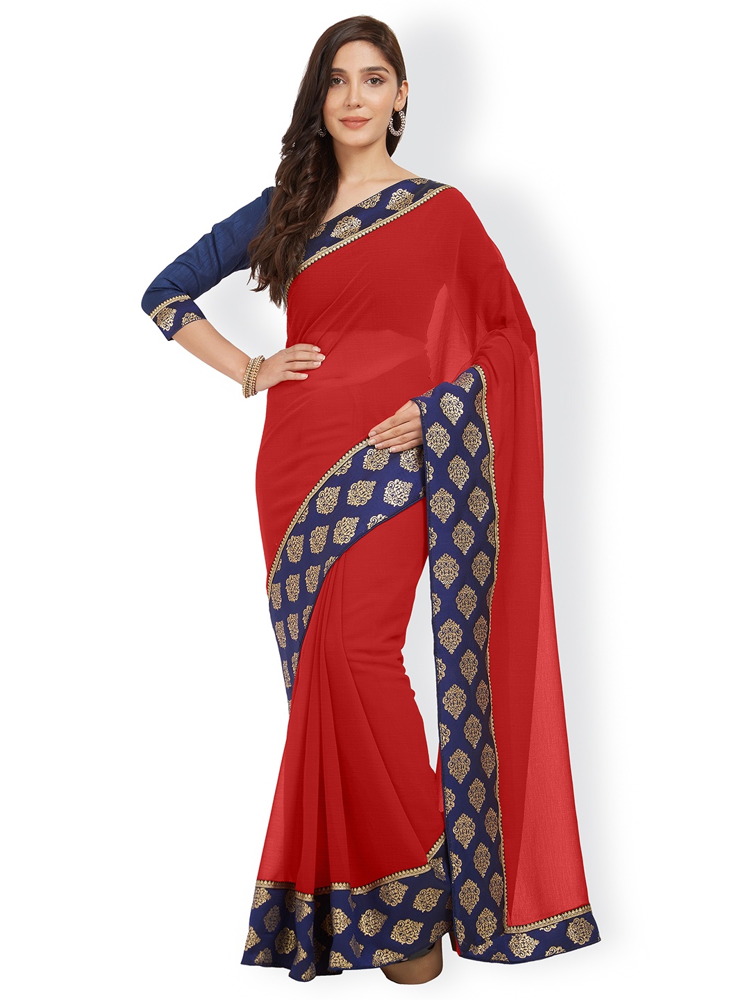 

Mirchi Fashion Red & Blue Poly Chiffon Solid Saree