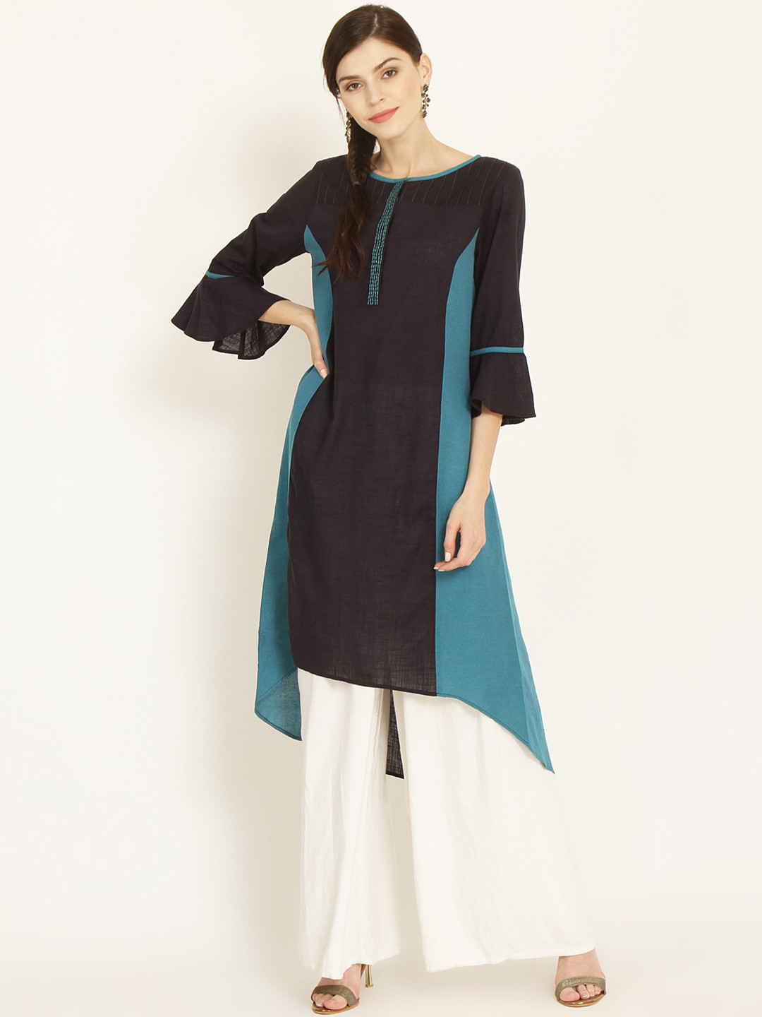 

RARE ROOTS Women Black & Blue Colourblocked A-Line Kurta