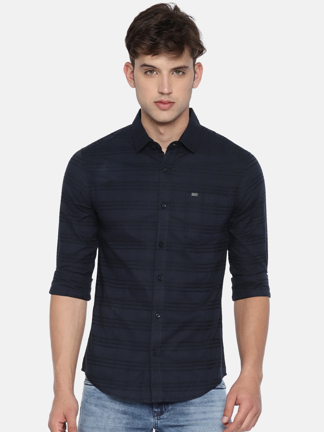 

The Indian Garage Co Men Navy Blue Slim Fit Striped Casual Shirt