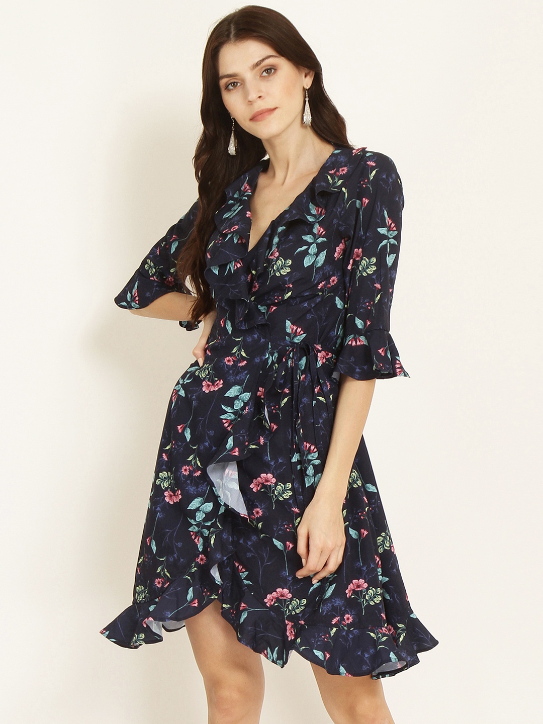 

Marie Claire Women Navy Blue Printed Wrap Dress