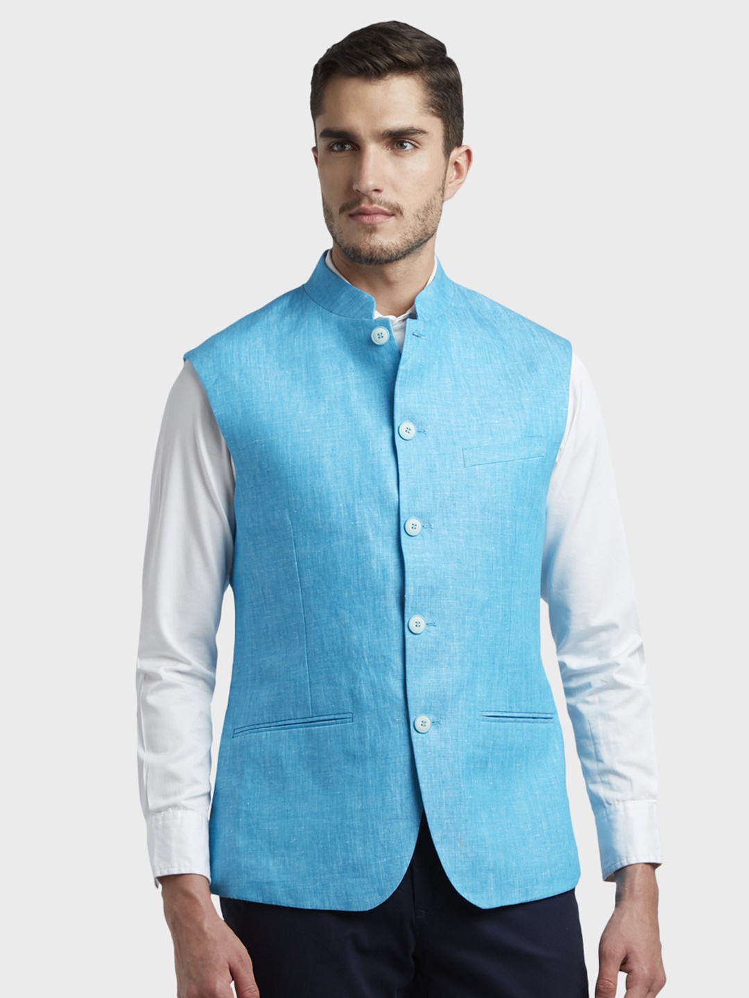 

ColorPlus Men Blue Linen Slim Fit Nehru Jacket