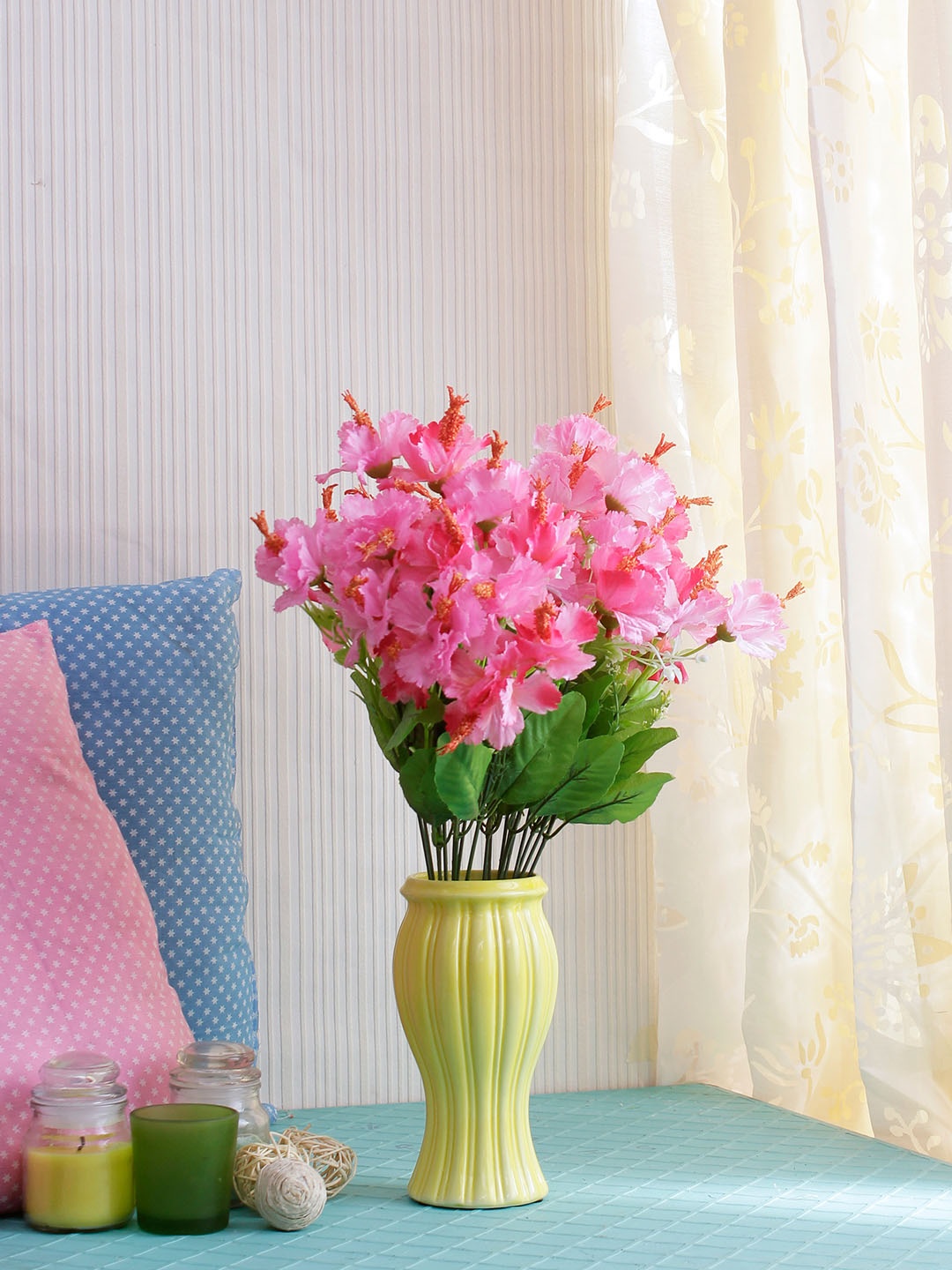 

Fourwalls Set Of 2 Pink & Green Artificial Hibiscus Flower Bunches without Pot