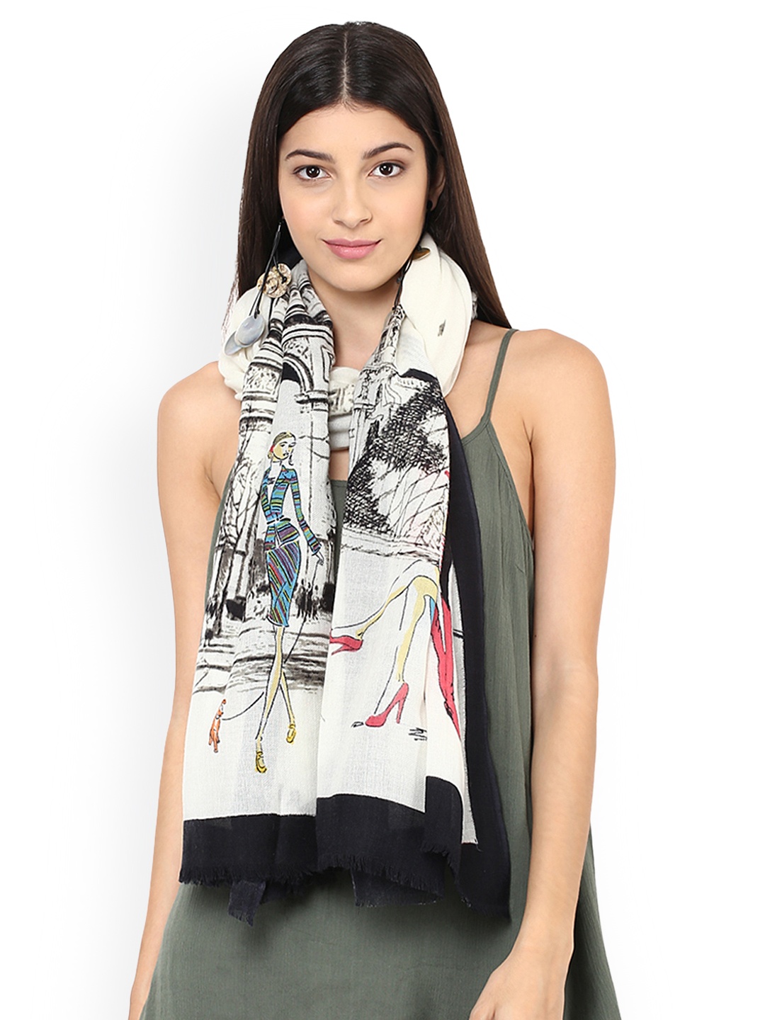 

SHINGORA Women Off-White & Black Woollen Shawl