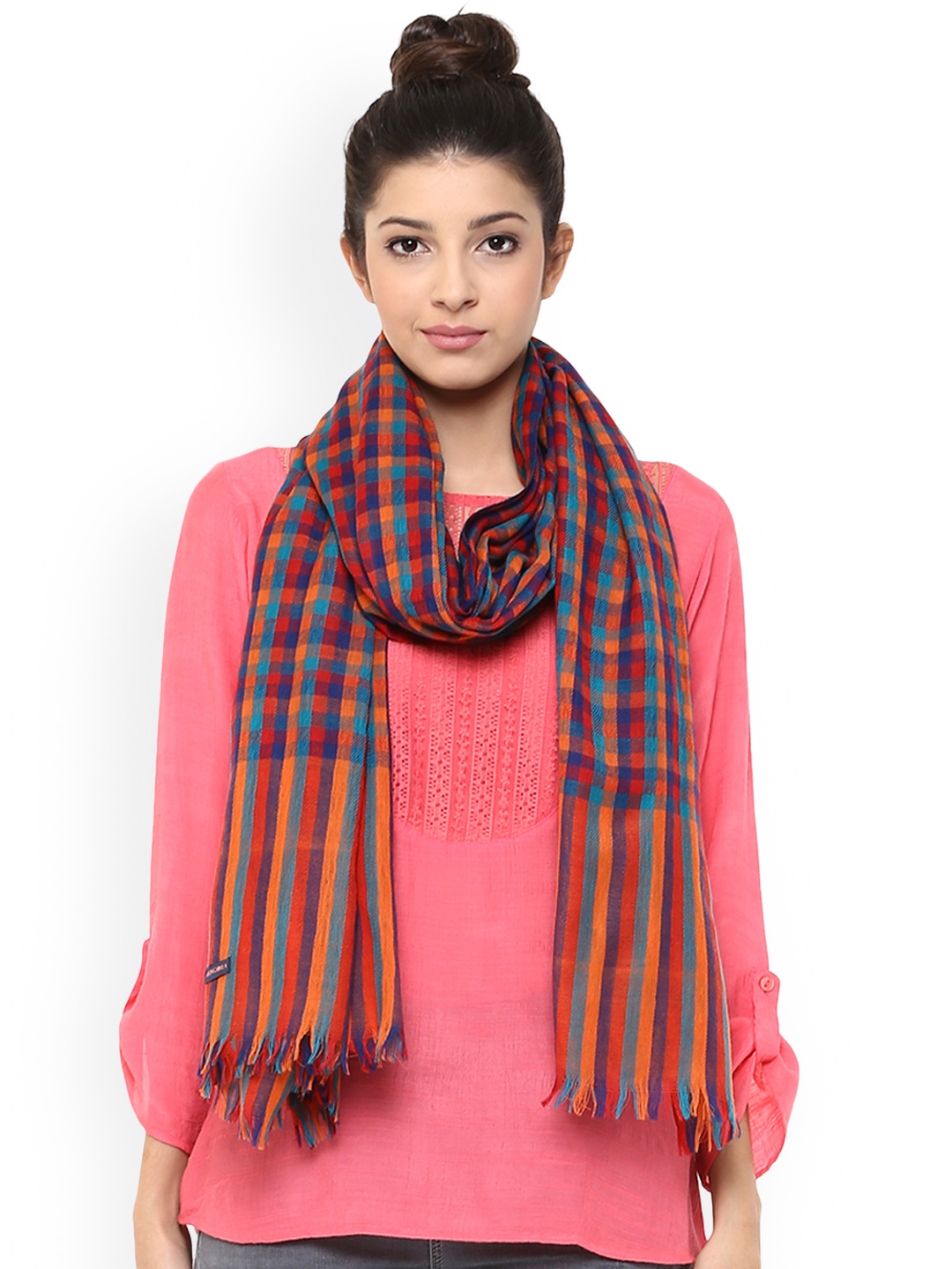 

SHINGORA Women Red & Multicoloured Checked Woollen Shawl