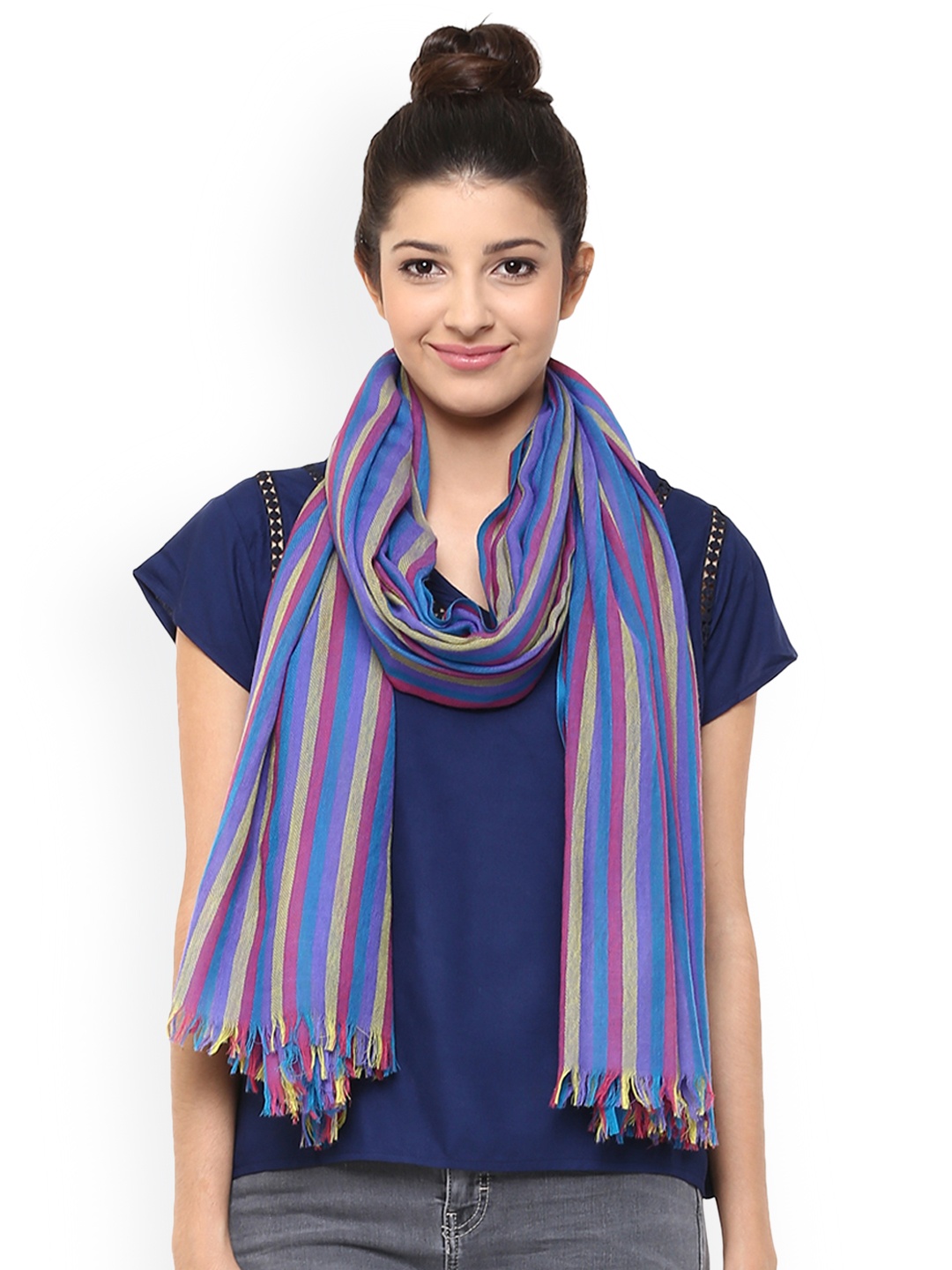 

SHINGORA Women Purple & Multicoloured Striped Woollen Shawl