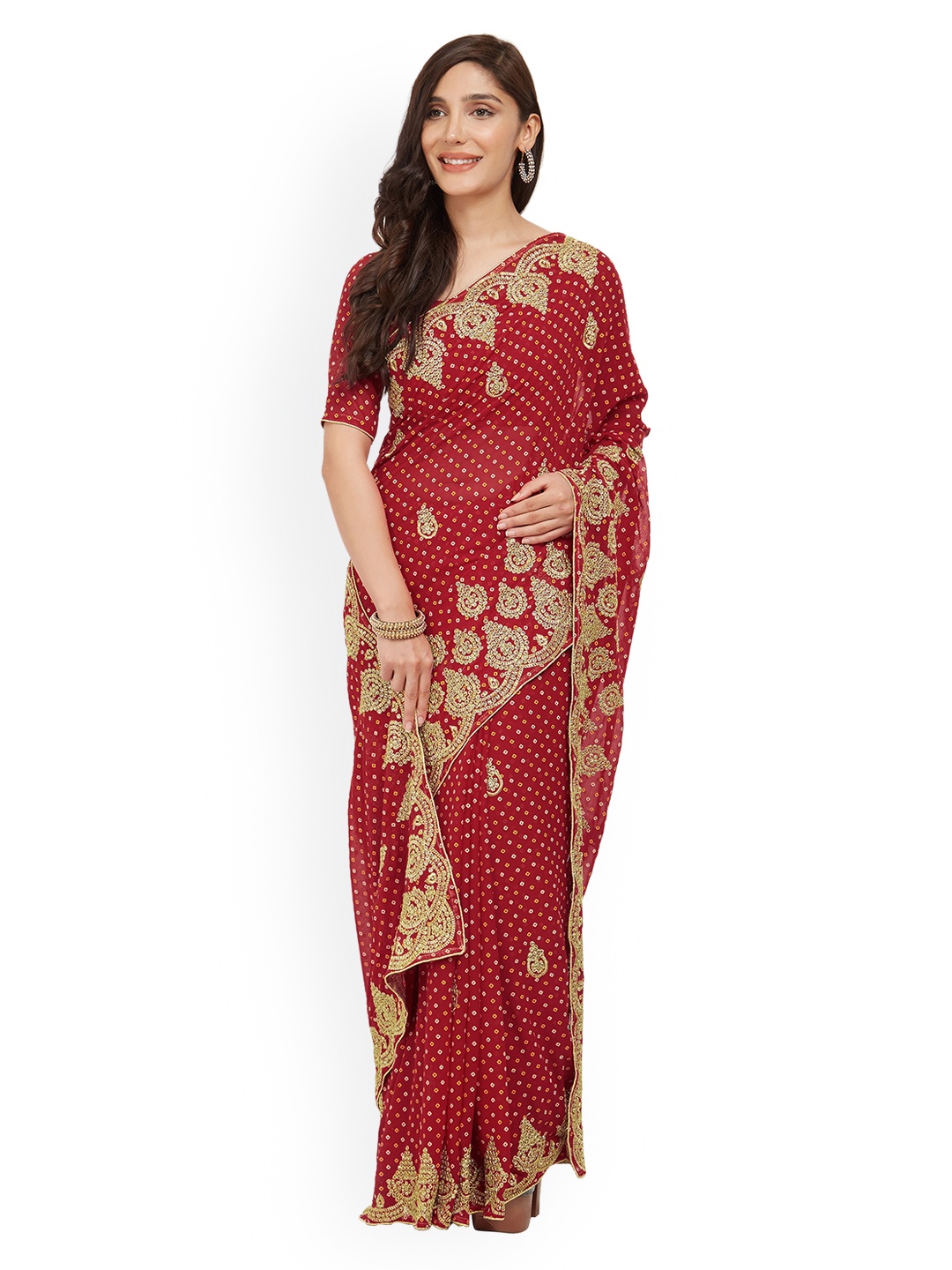 

MIRCHI FASHION Red Poly Georgette Printed Bandhani Saree