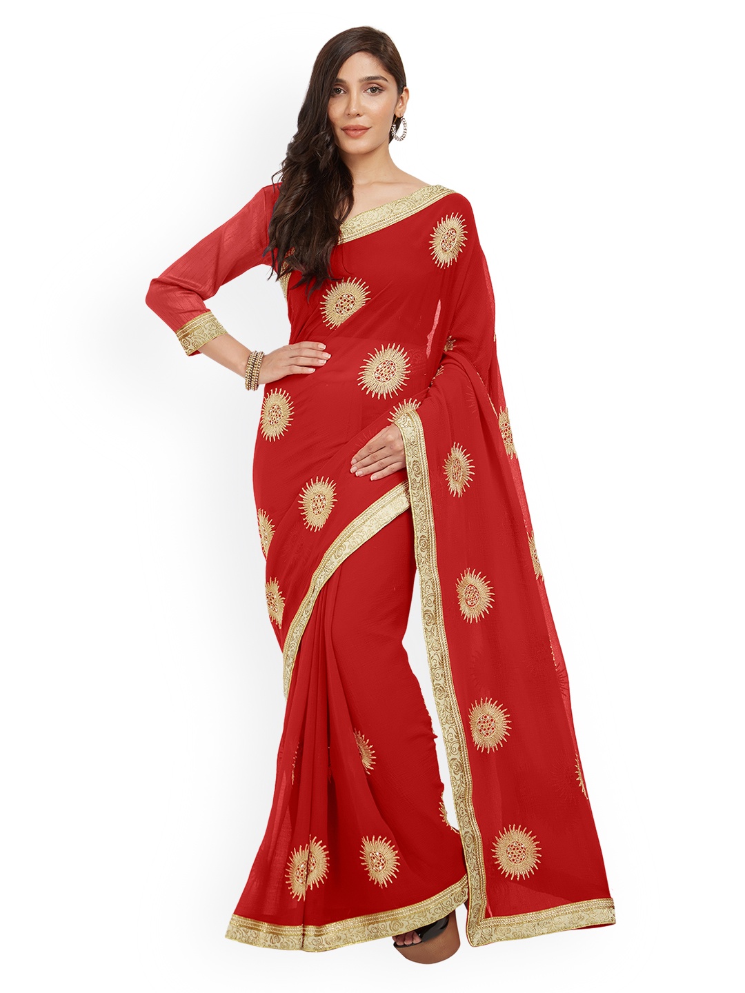 

Mirchi Fashion Red Embellished Poly Chiffon Saree