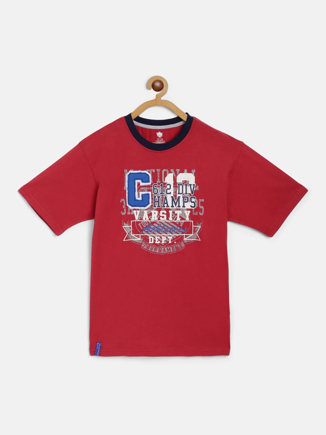 

612 league Boys Red & Blue Typography Printed Applique Cotton T-shirt