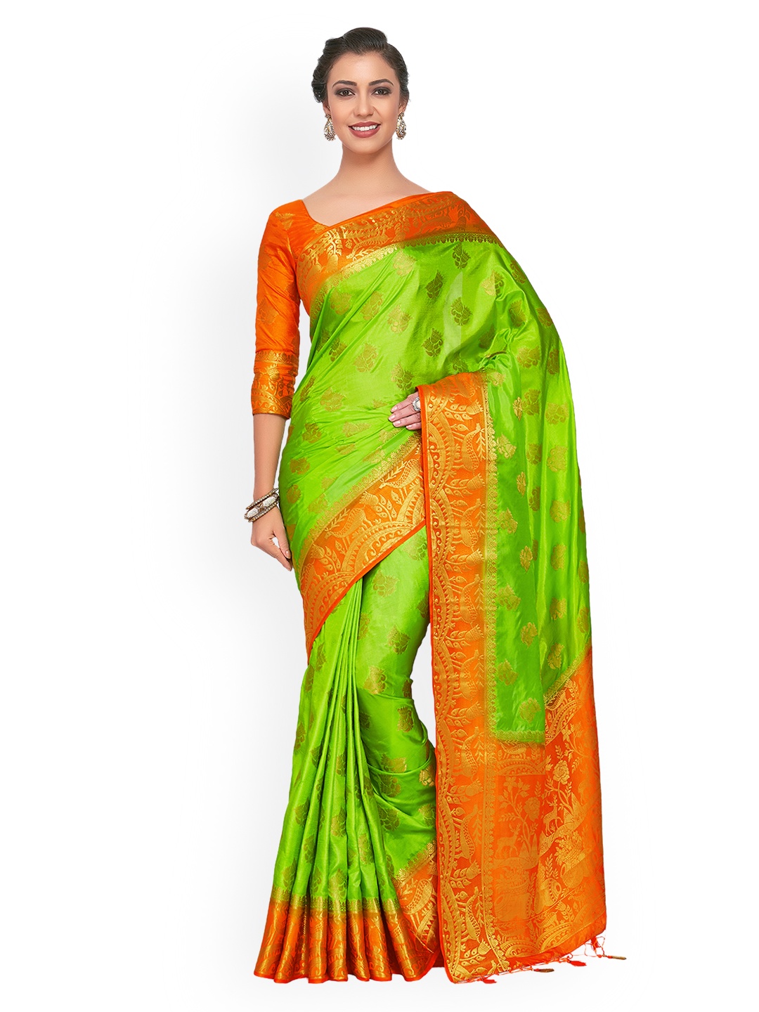 

MIMOSA Green & Orange Art Silk Woven Design Kanjeevaram Saree