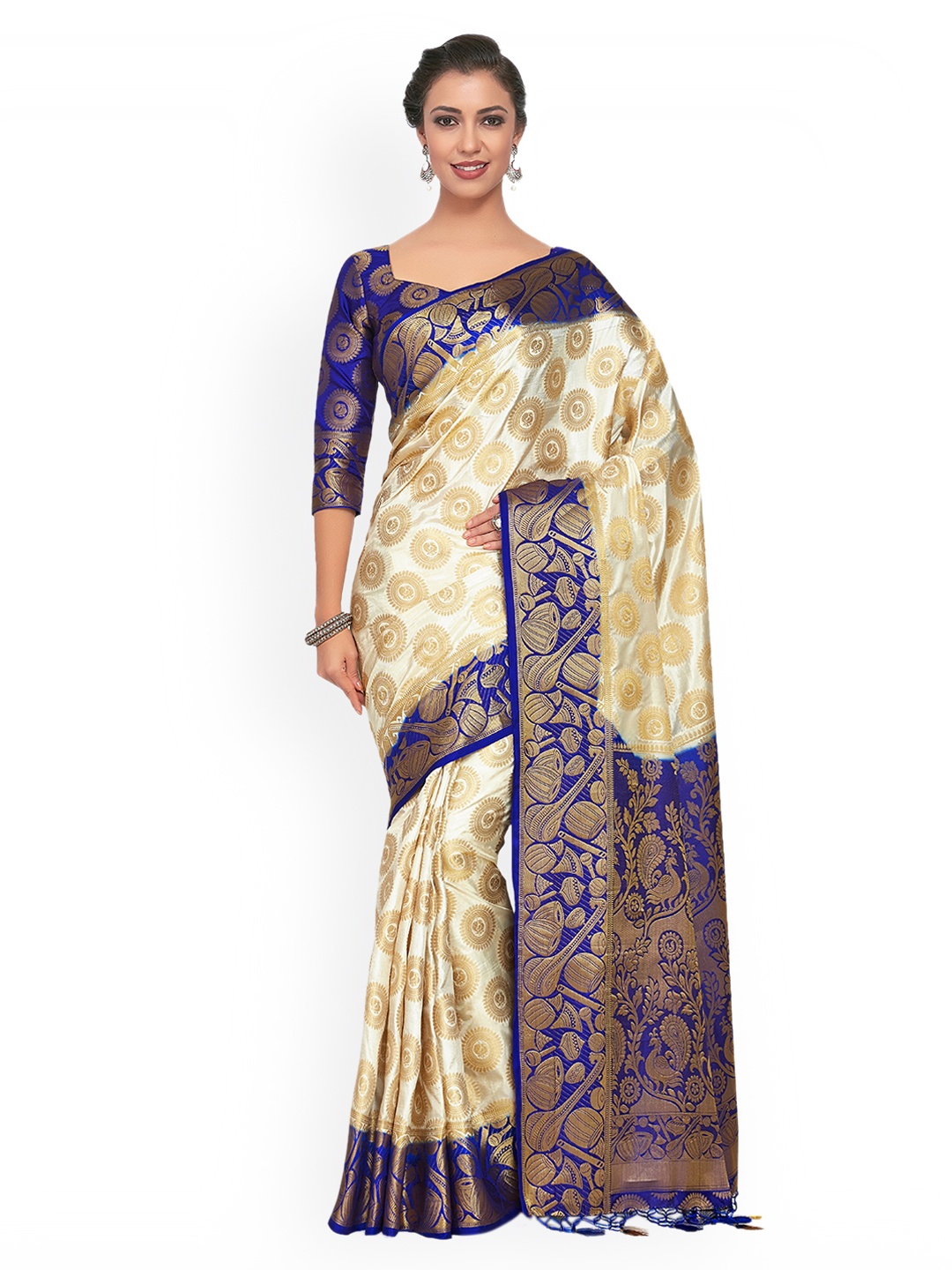 

MIMOSA Off-White & Navy Blue Art Silk Woven Design Kanjeevaram Saree