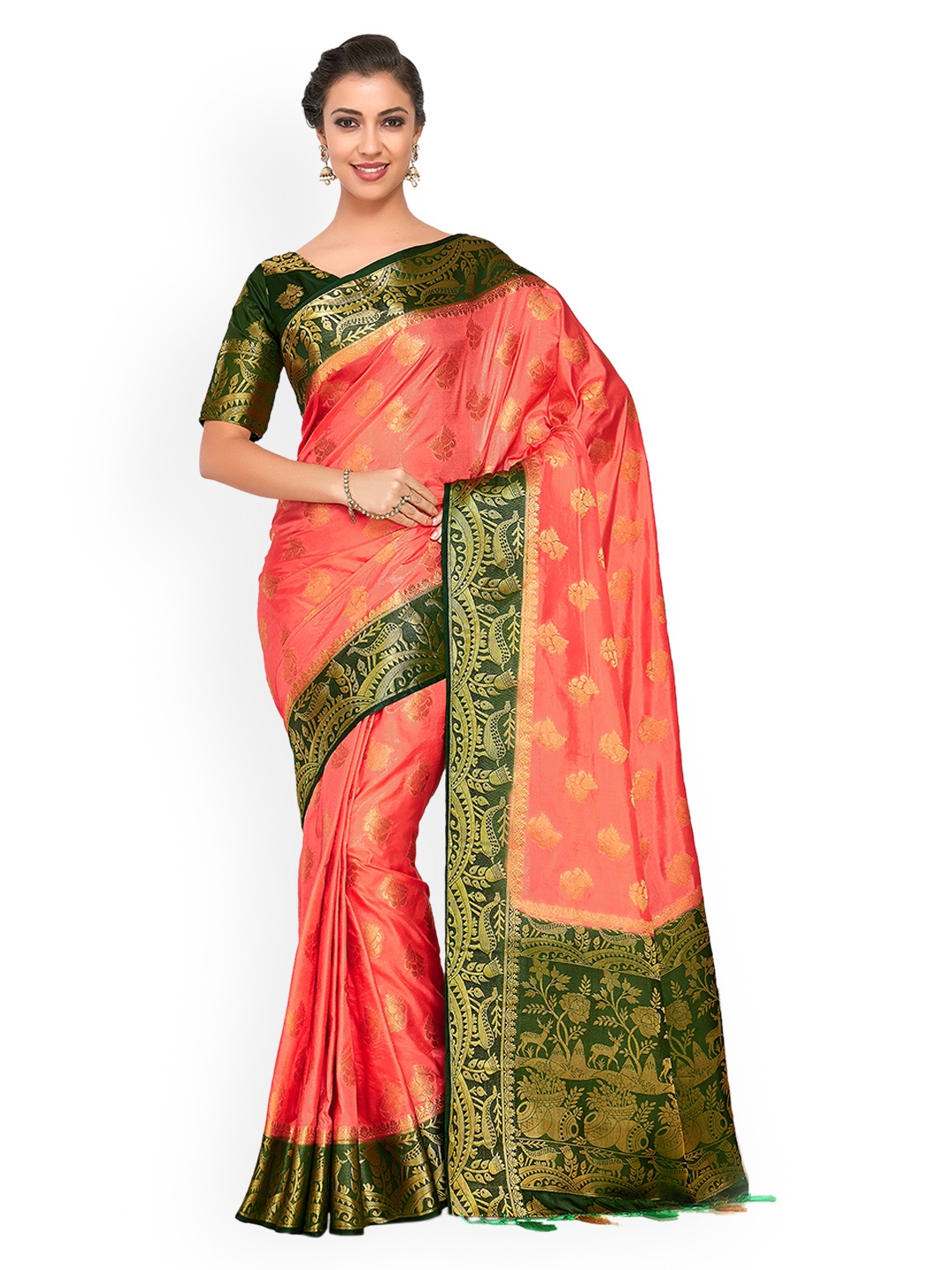 

MIMOSA Coral Pink & Green Art Silk Woven Design Kanjeevaram Saree