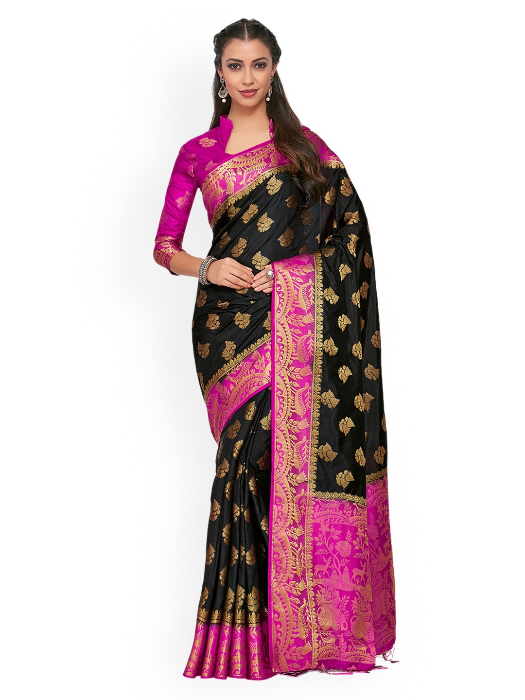 

MIMOSA Black & Pink Art Silk Woven Design Kanjeevaram Saree