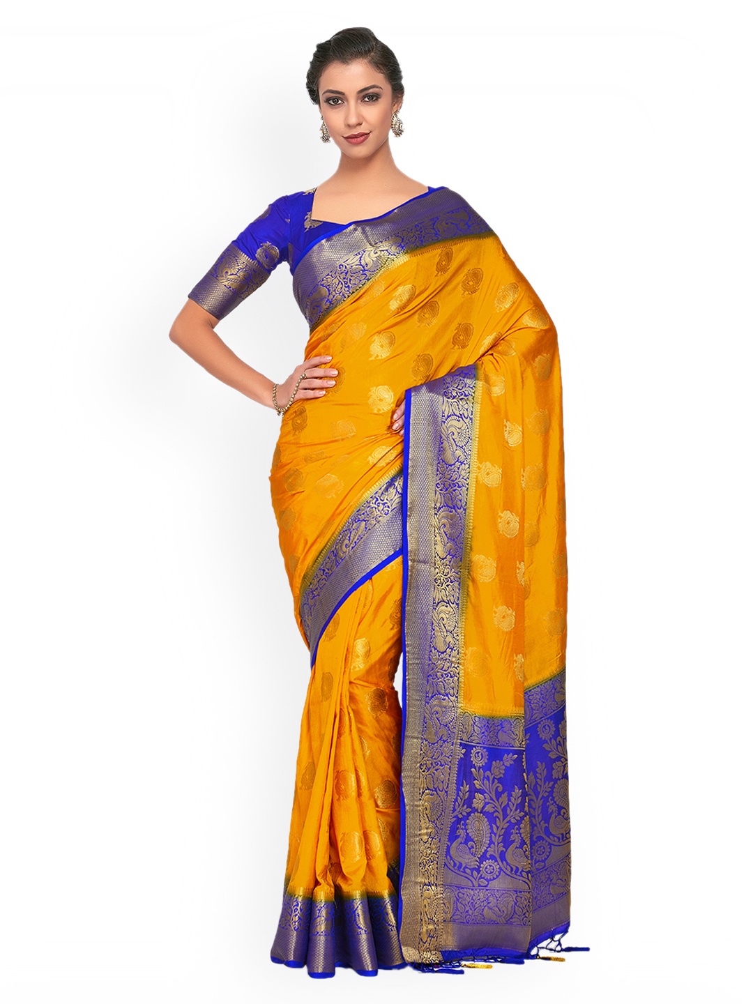 

MIMOSA Mustard & Navy Blue Art Silk Woven Design Kanjeevaram Saree