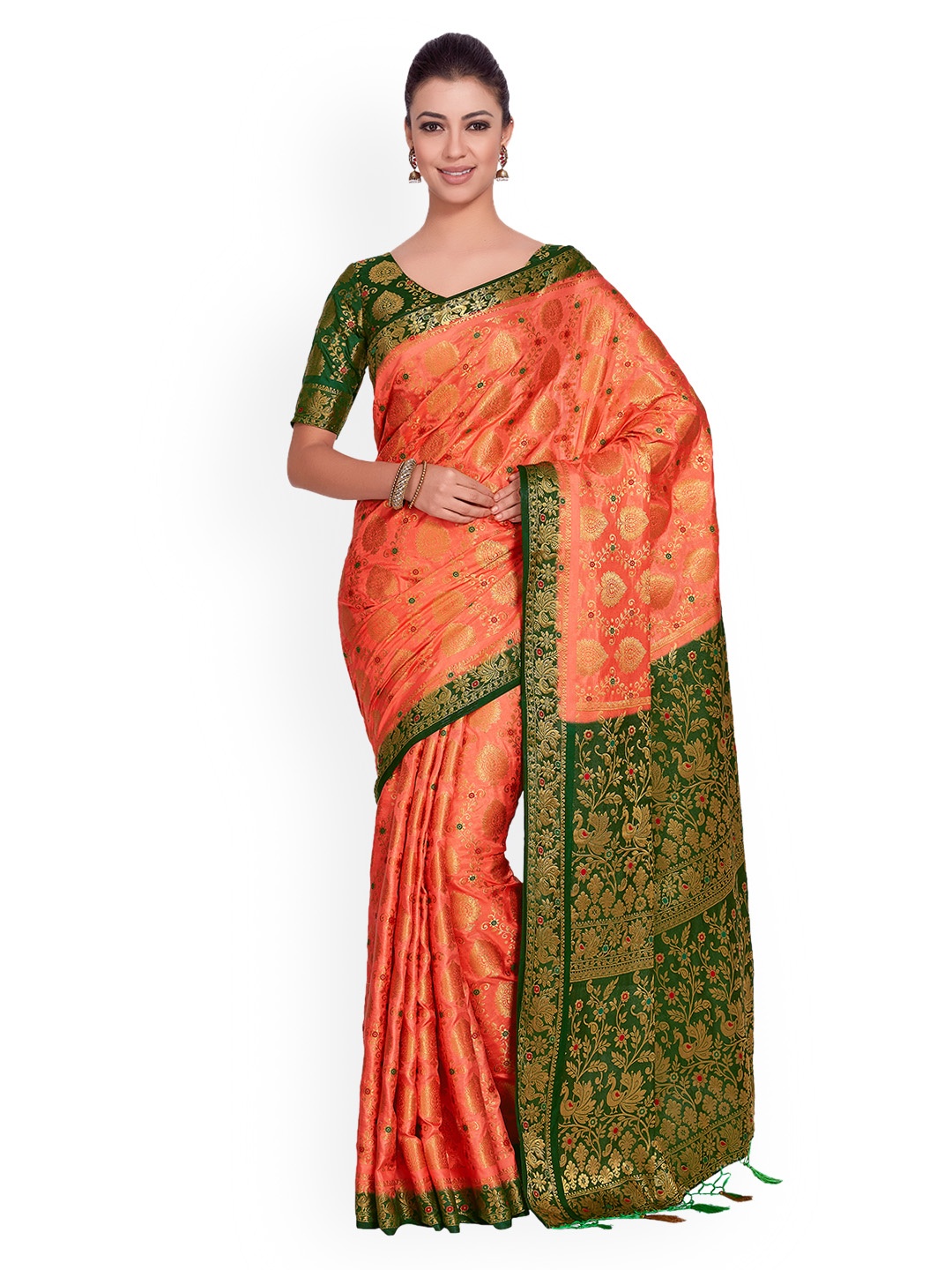 

MIMOSA Peach-Coloured & Green Art Silk Woven Design Kanjeevaram Saree