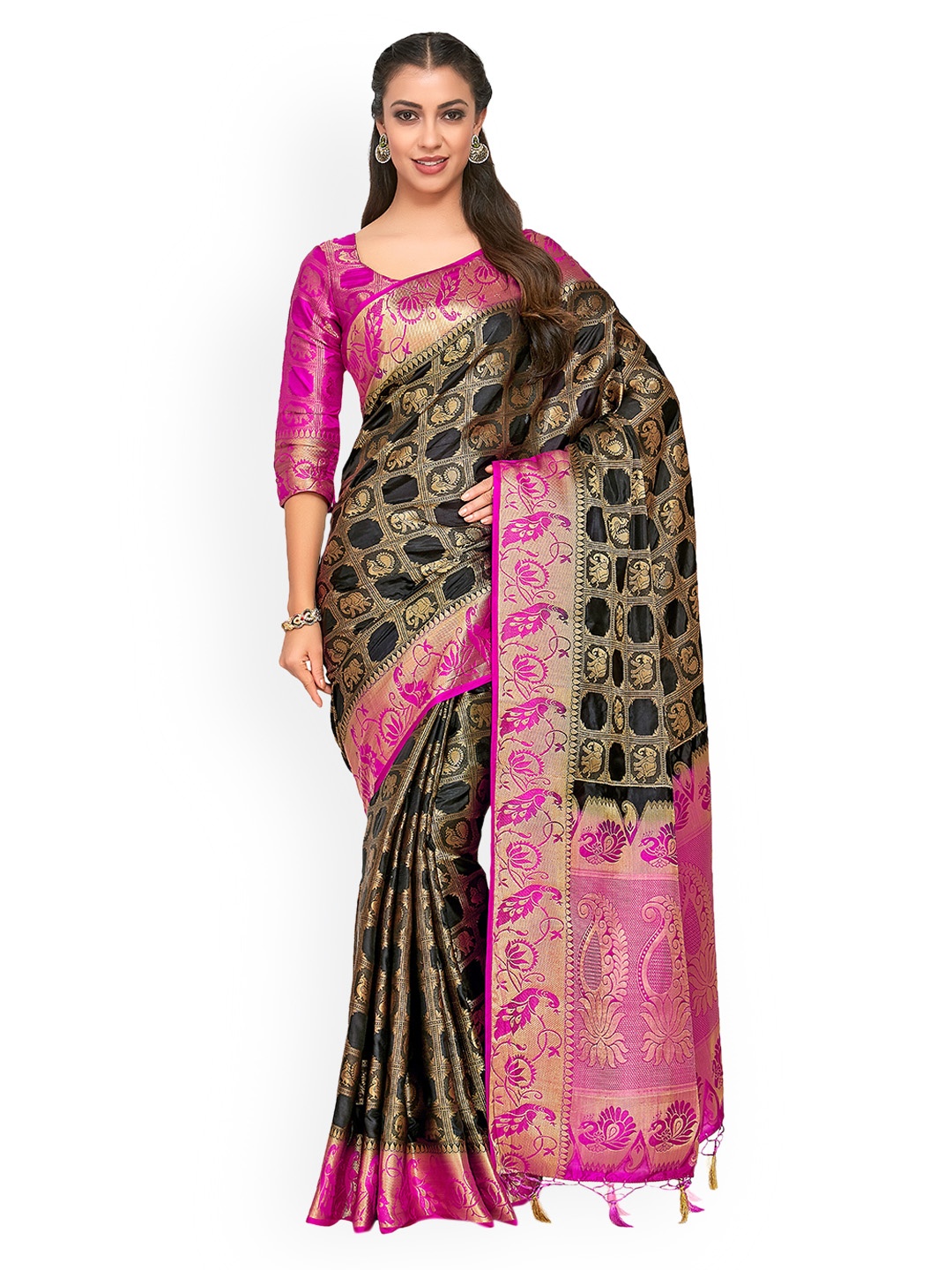 

MIMOSA Black & Pink Art Silk Woven Design Kanjeevaram Saree