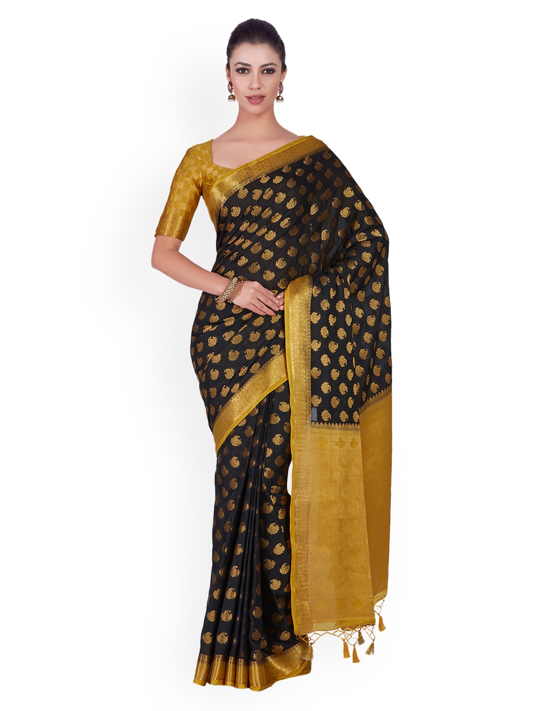 

MIMOSA Black & Mustard Poly Crepe Woven Design Kanjeevaram Saree