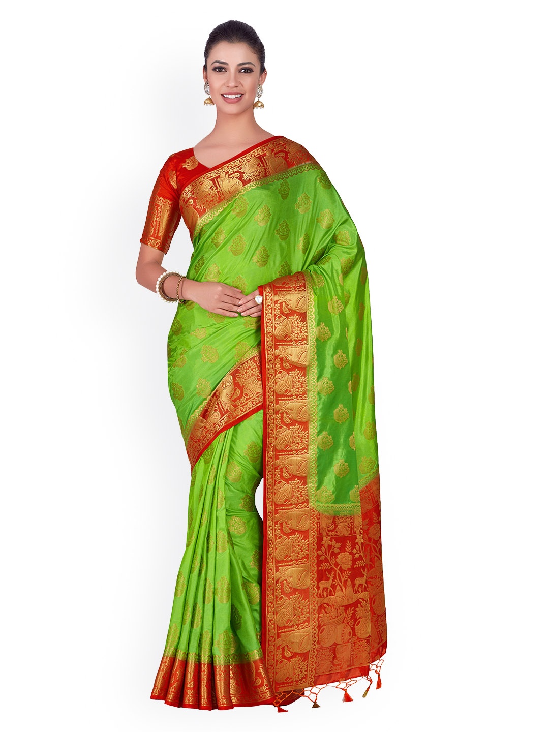 

MIMOSA Green & Red Art Silk Woven Design Kanjeevaram Saree