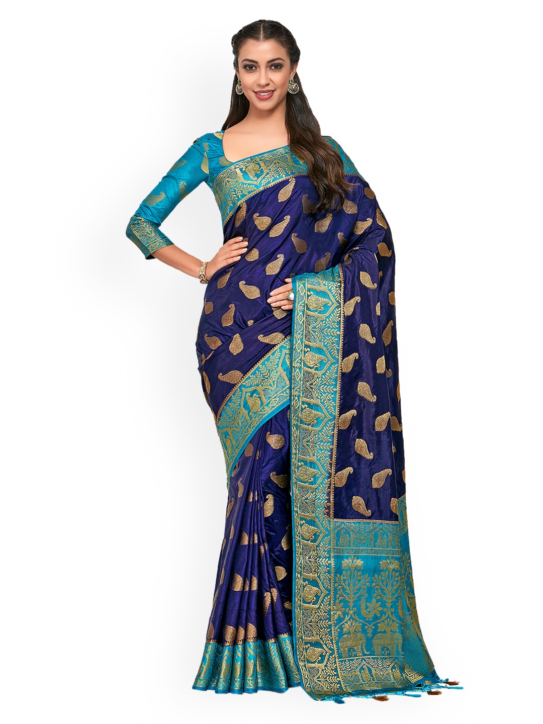 

MIMOSA Navy Blue & Blue Art Silk Woven Design Kanjeevaram Saree