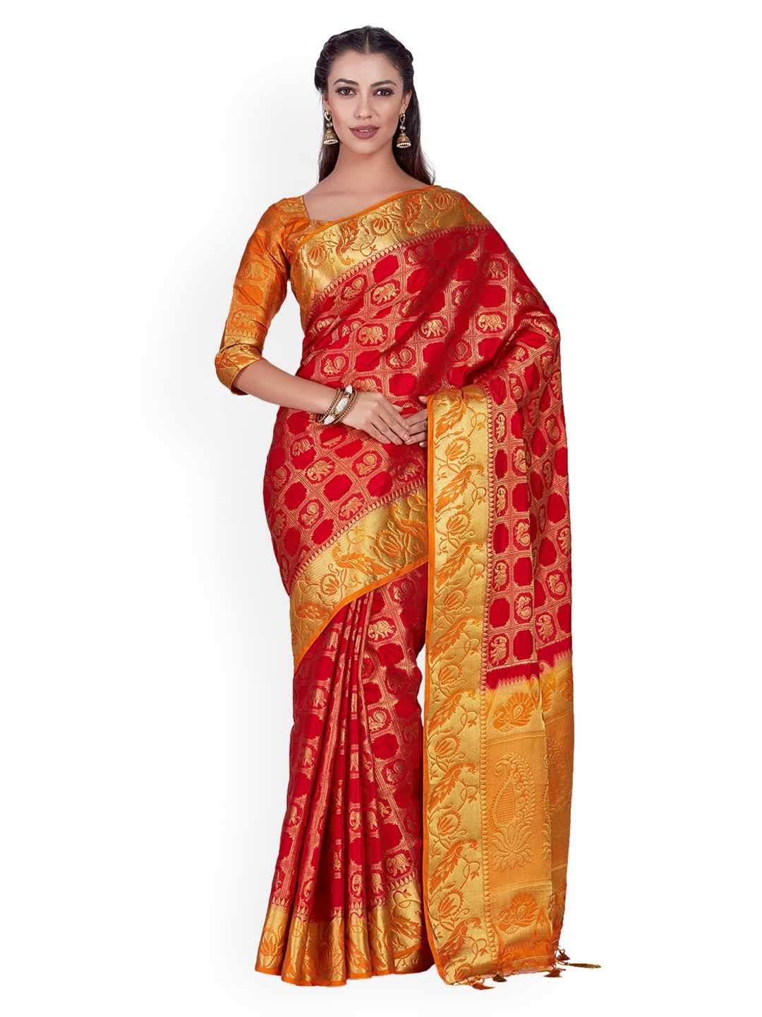 

MIMOSA Red & Orange Art Silk Woven Design Kanjeevaram Saree