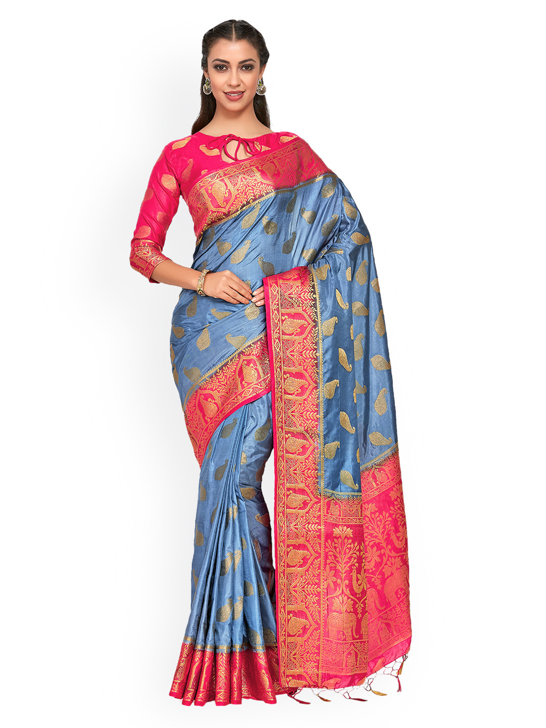 

MIMOSA Blue & Pink Art Silk Woven Design Kanjeevaram Saree