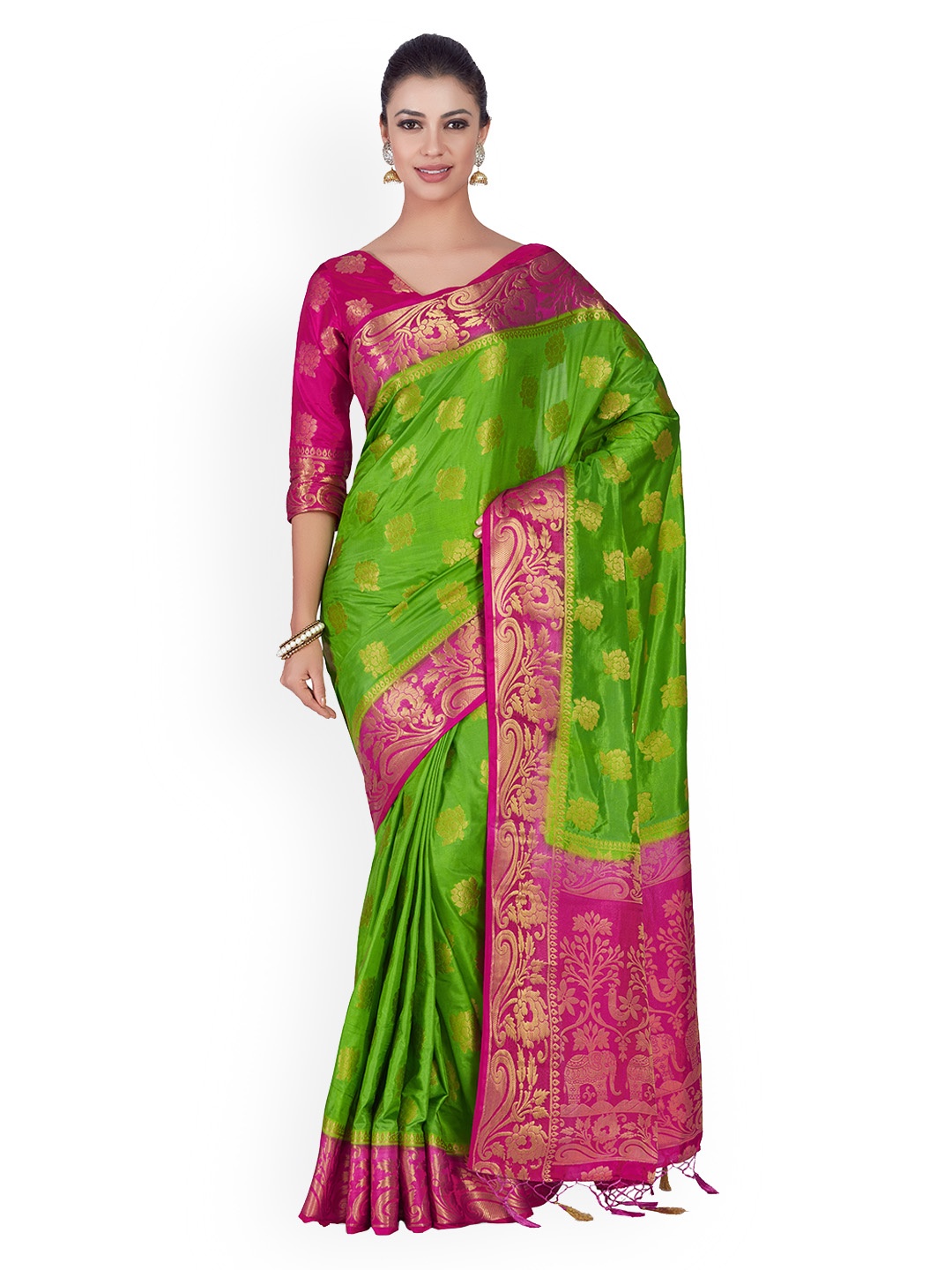 

MIMOSA Green & Pink Art Silk Woven Design Kanjeevaram Saree