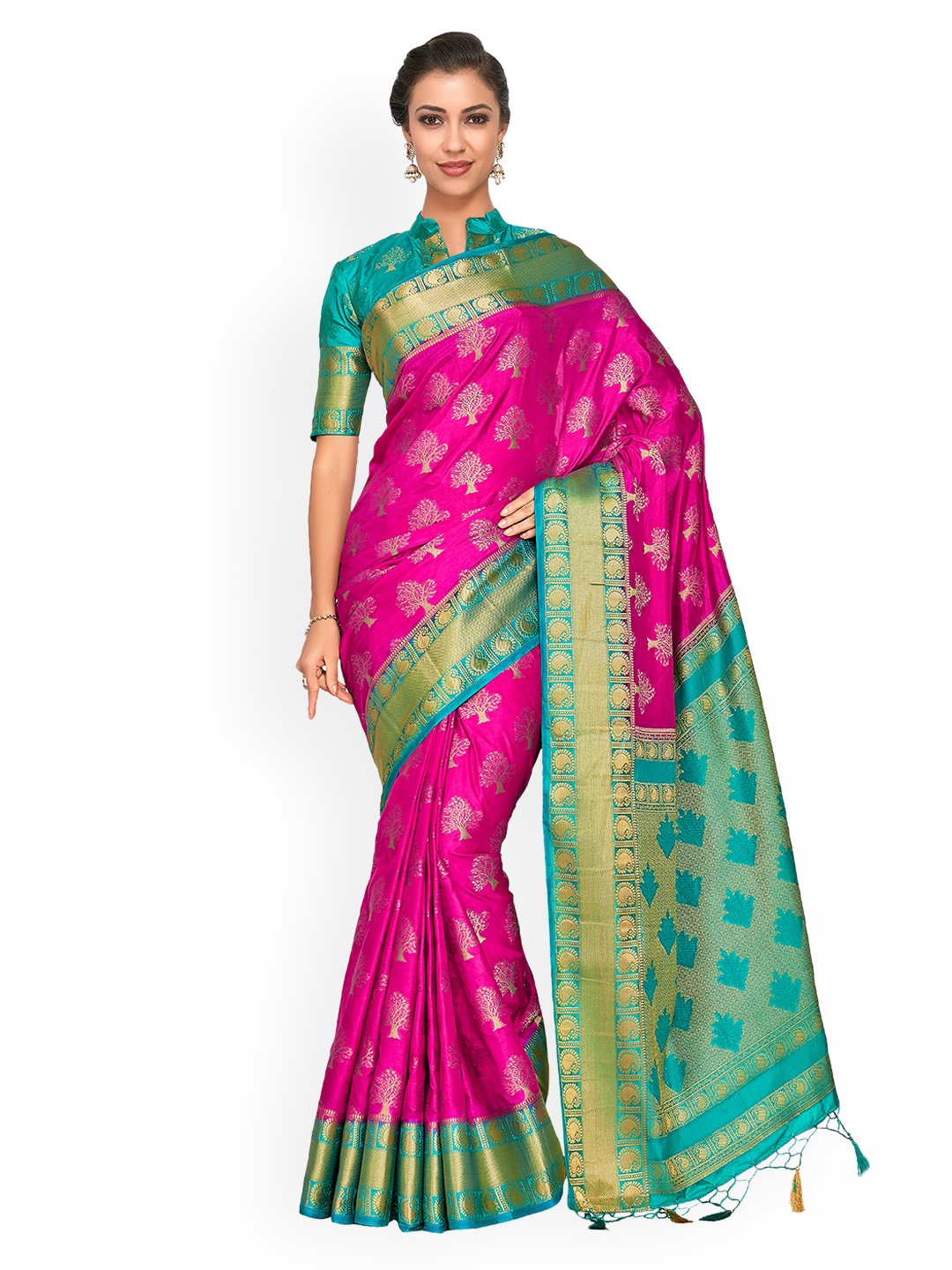 

MIMOSA Pink & Turquoise Blue Art Silk Woven Design Kanjeevaram Saree