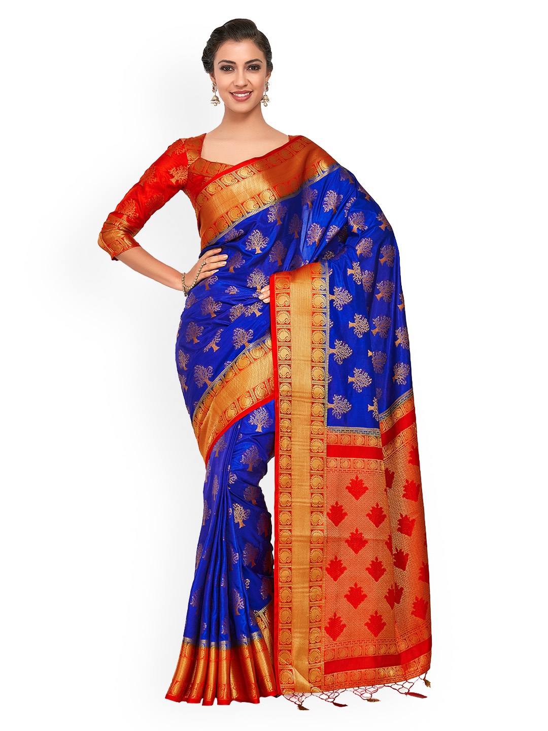 MIMOSA Blue & Red Art Silk Woven Design Kanjeevaram Saree