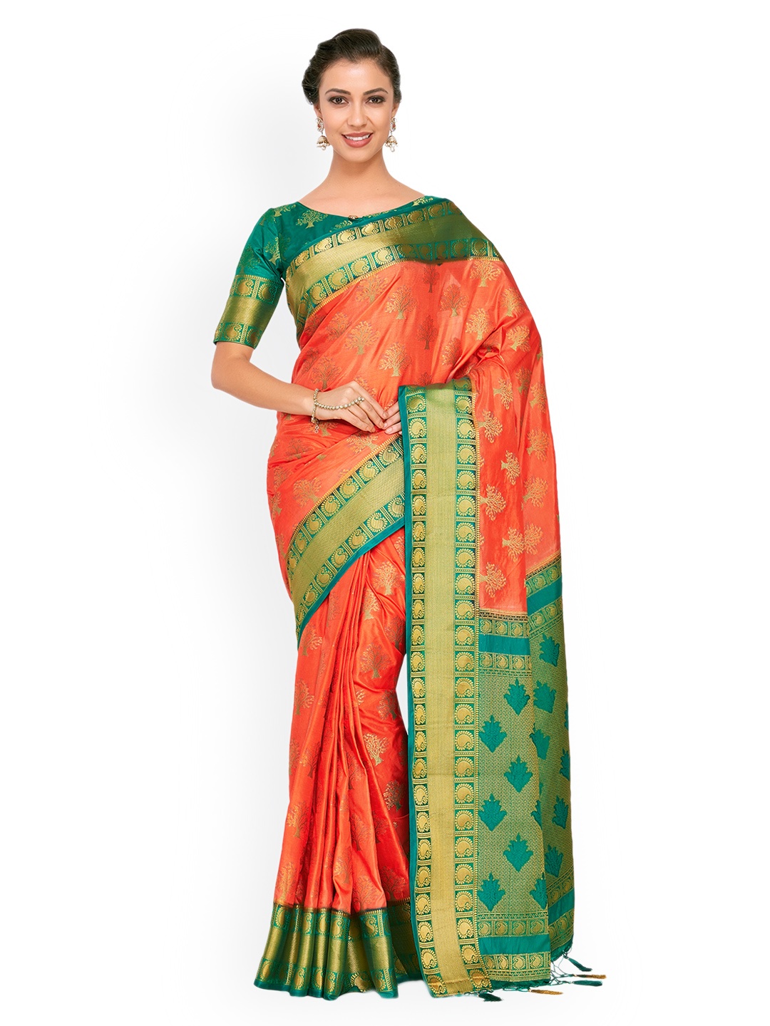 

MIMOSA Coral & Green Art Silk Woven Design Kanjeevaram Saree