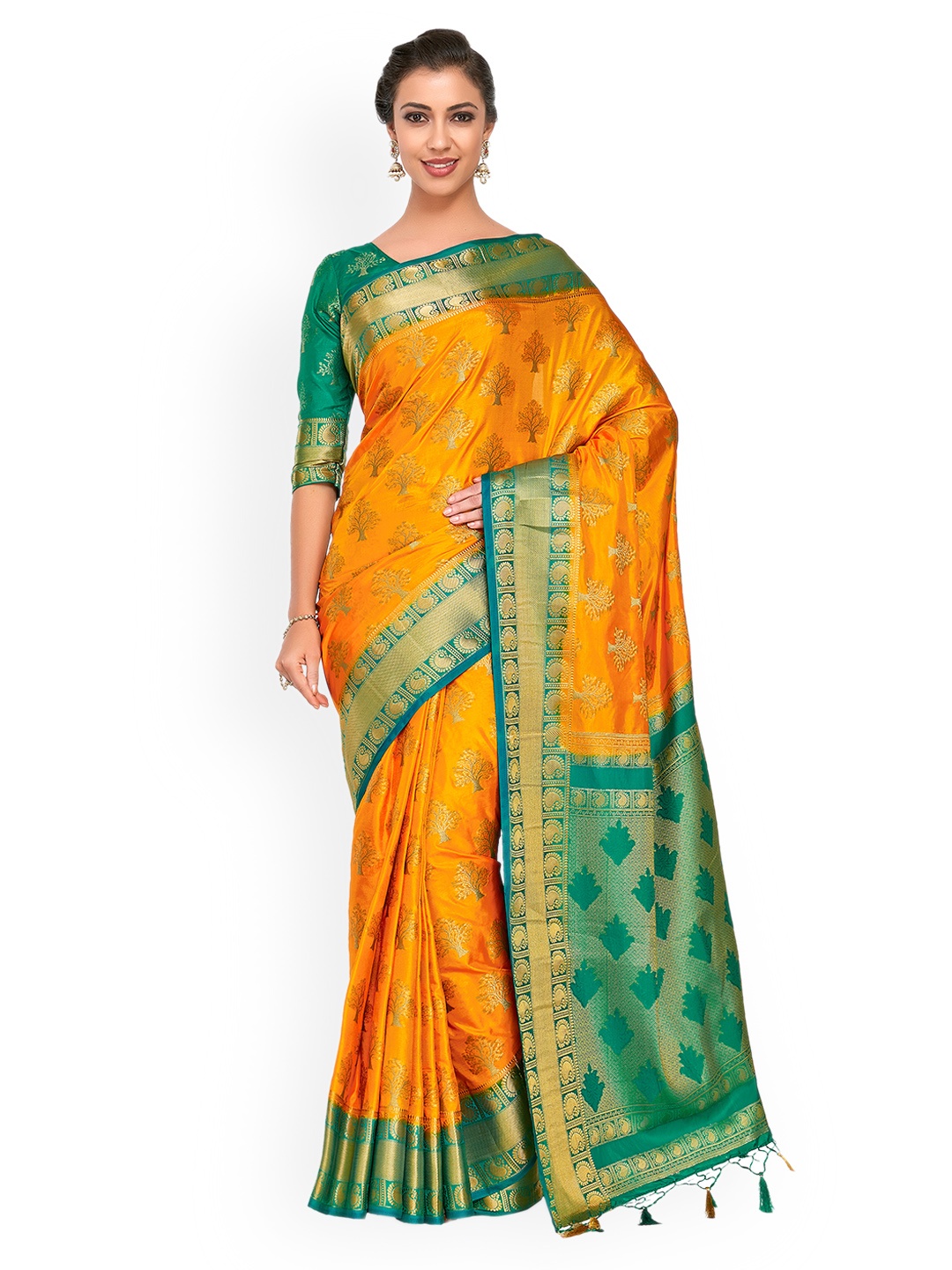 

MIMOSA Mustard & Green Art Silk Woven Design Kanjeevaram Saree