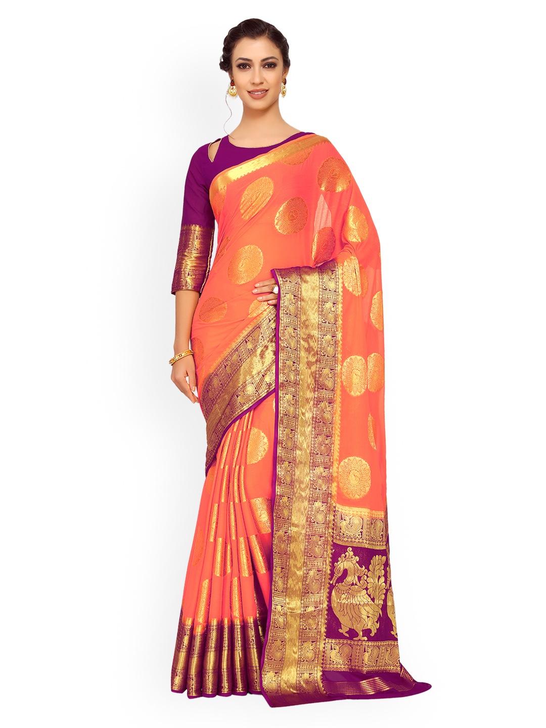 

MIMOSA Orange & Purple Poly Chiffon Woven Design Kanjeevaram Saree
