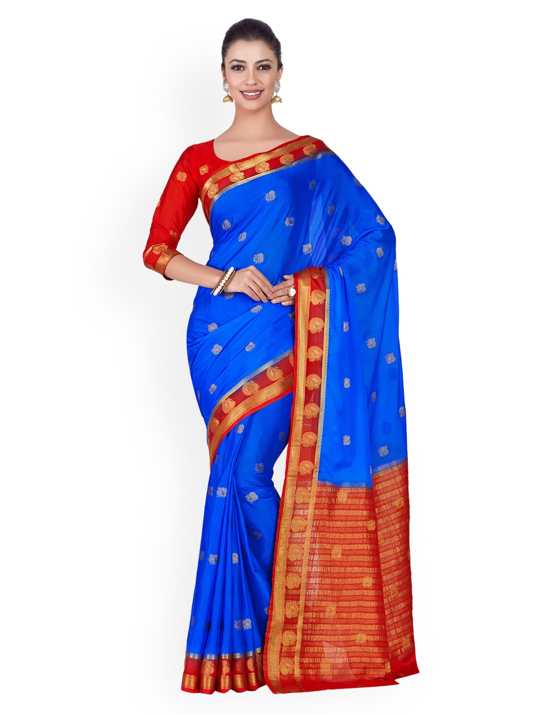 

MIMOSA Blue & Red Poly Crepe Woven Design Kanjeevaram Saree
