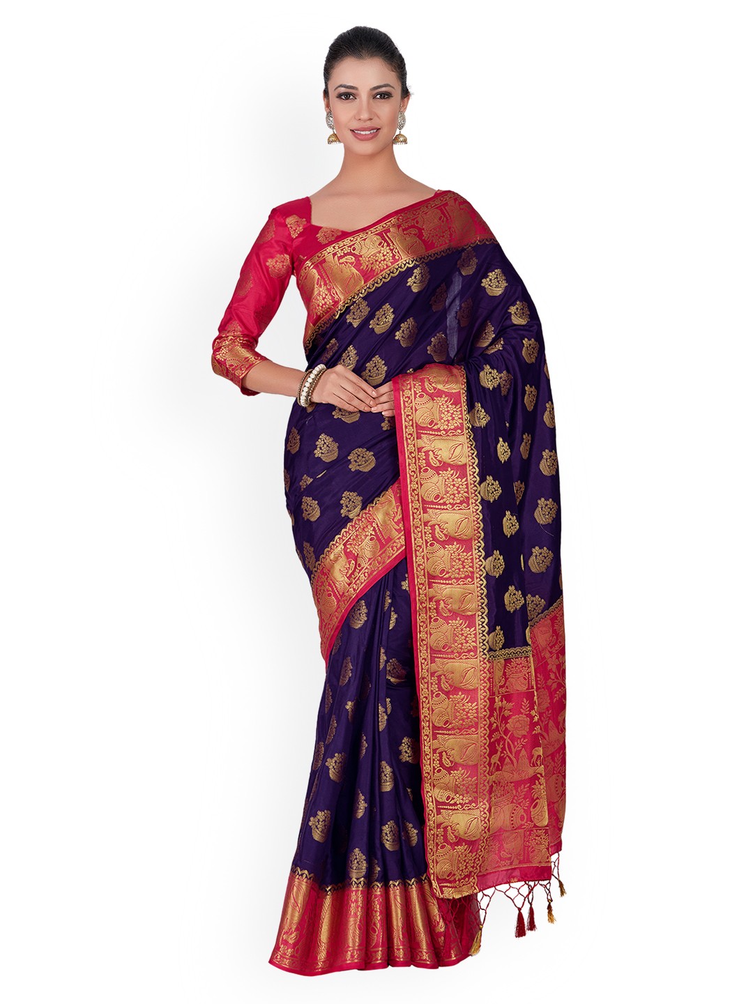 

MIMOSA Navy Blue & Pink Art Silk Woven Design Kanjeevaram Saree