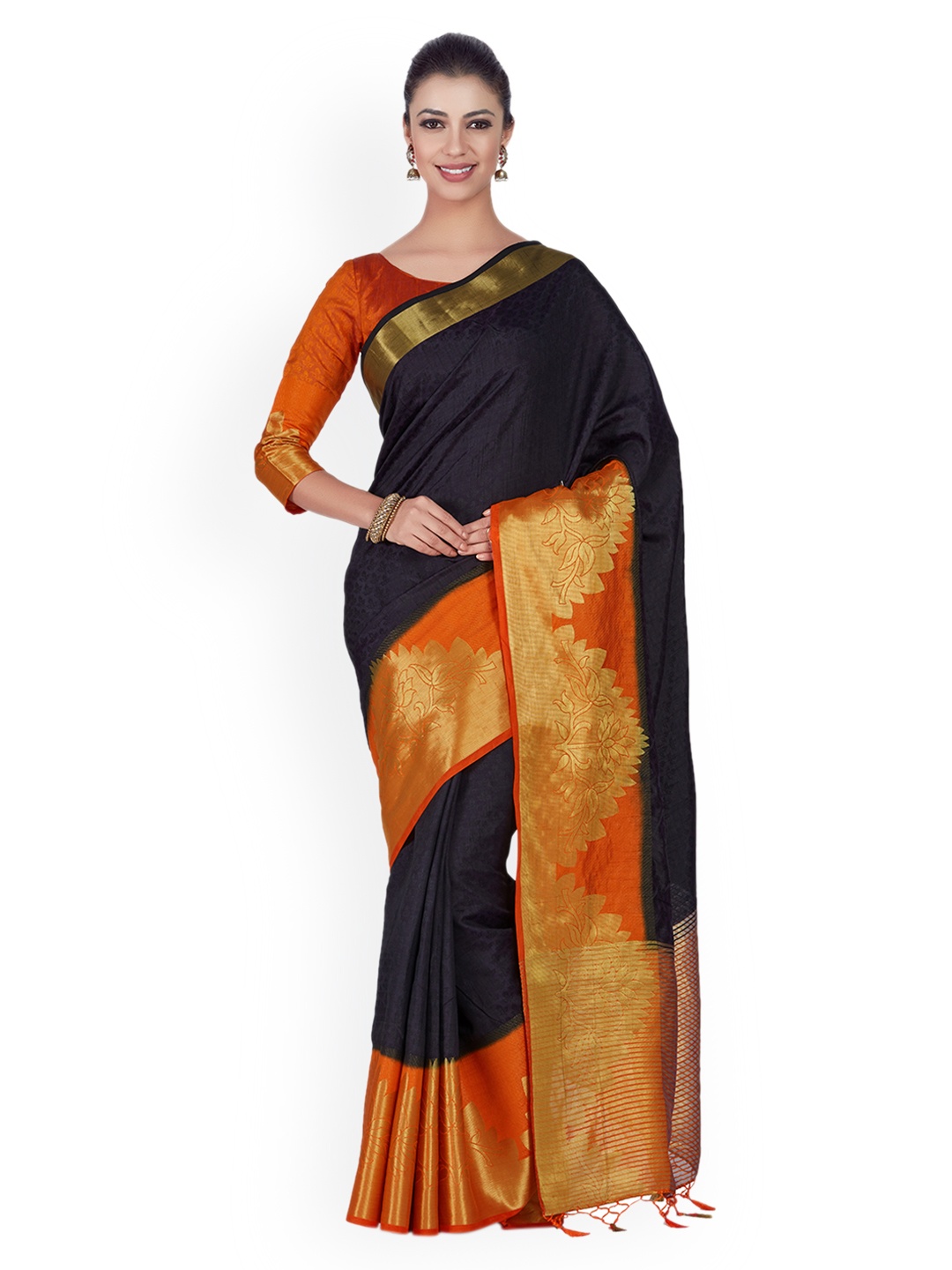 

MIMOSA Black & Orange Art Silk Woven Design Kanjeevaram Saree