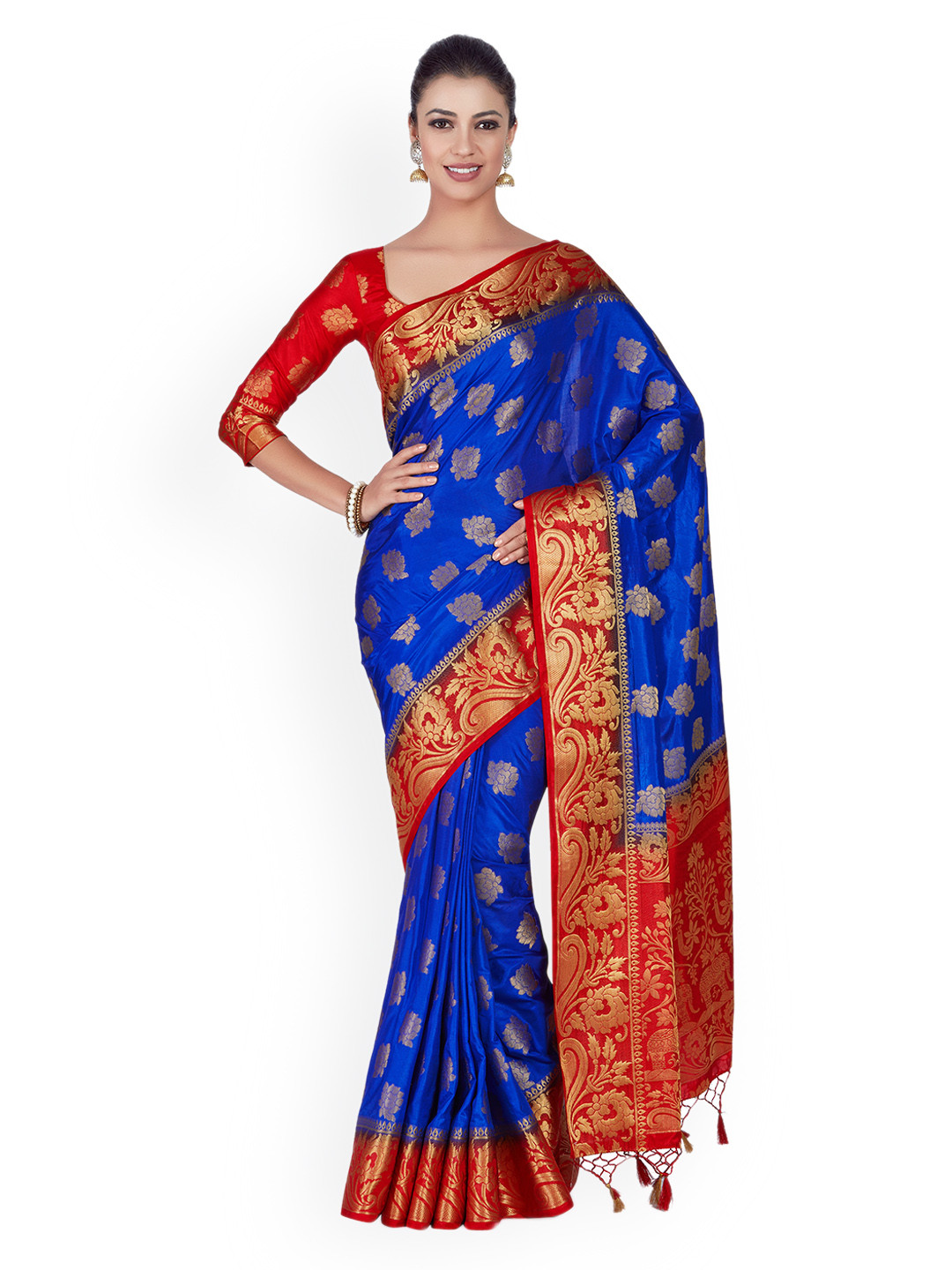 

MIMOSA Blue & Red Art Silk Woven Design Kanjeevaram Saree