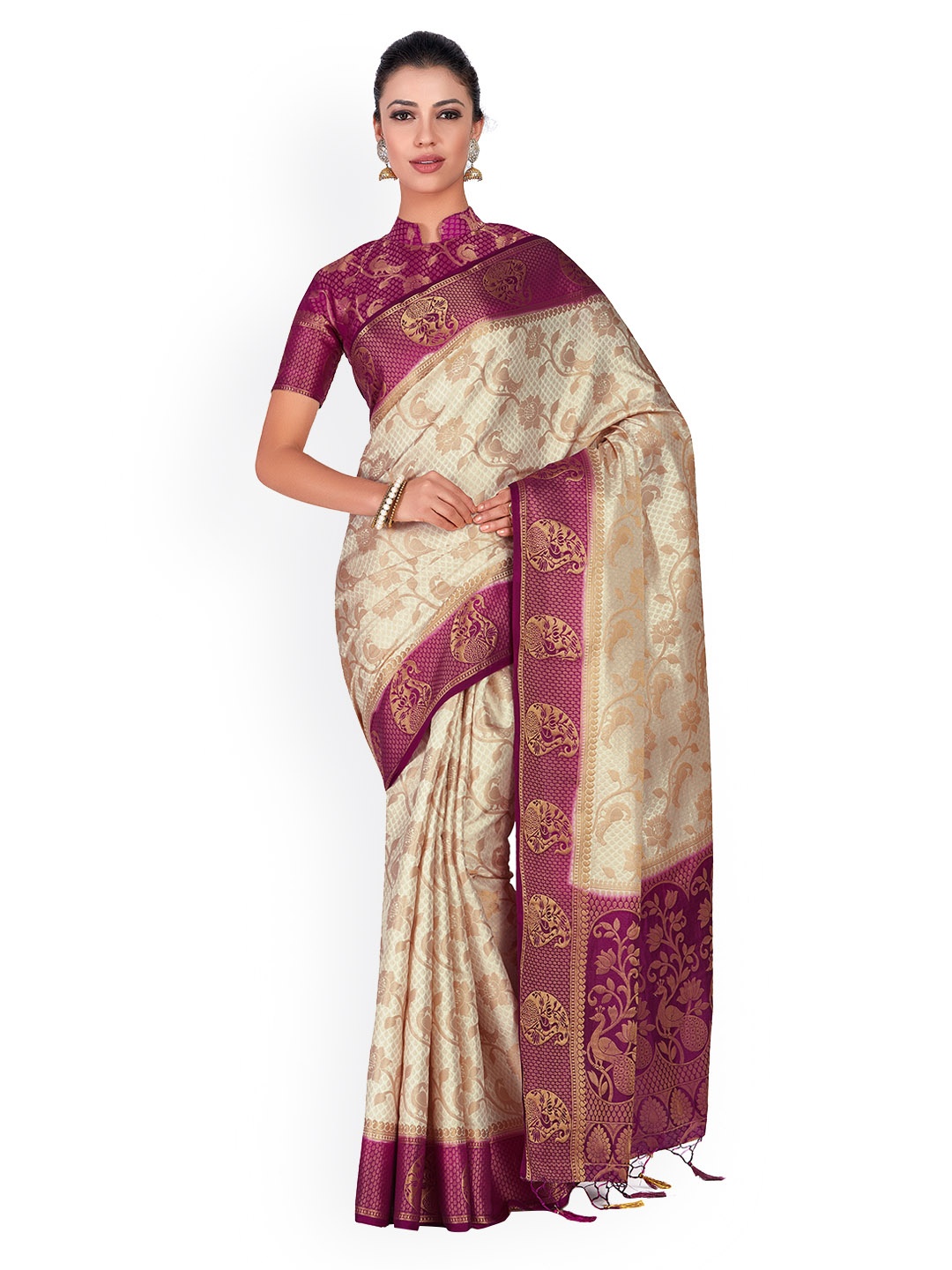 MIMOSA Beige & Purple Art Silk Woven Design Kanjeevaram Saree