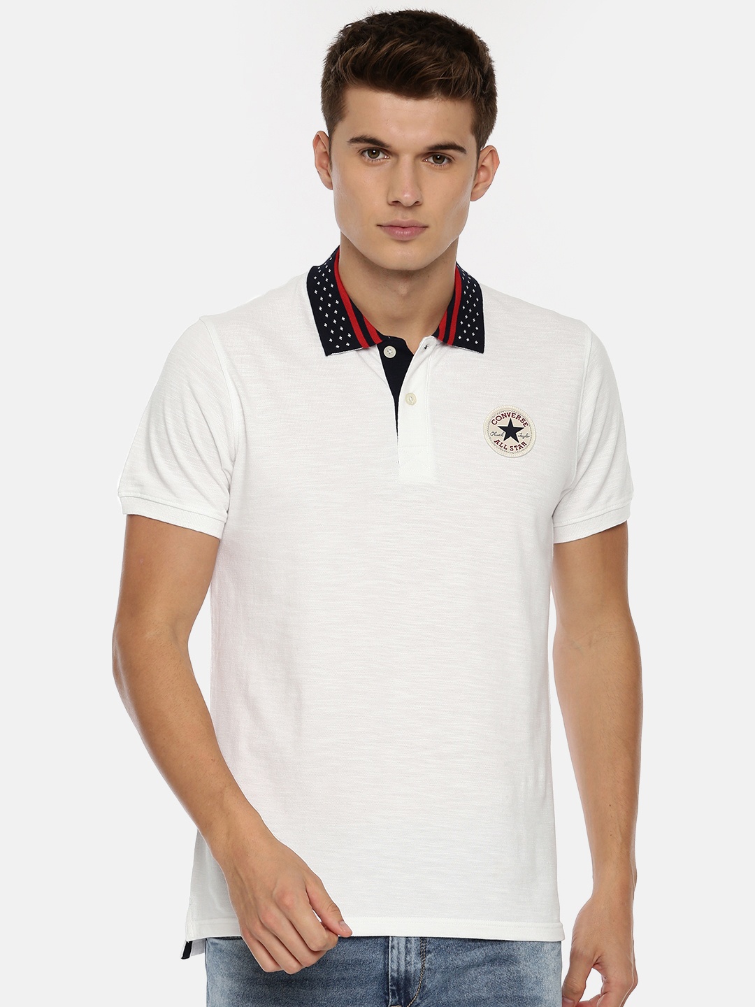 

Converse Men White Solid Polo Collar Pure Cotton T-shirt