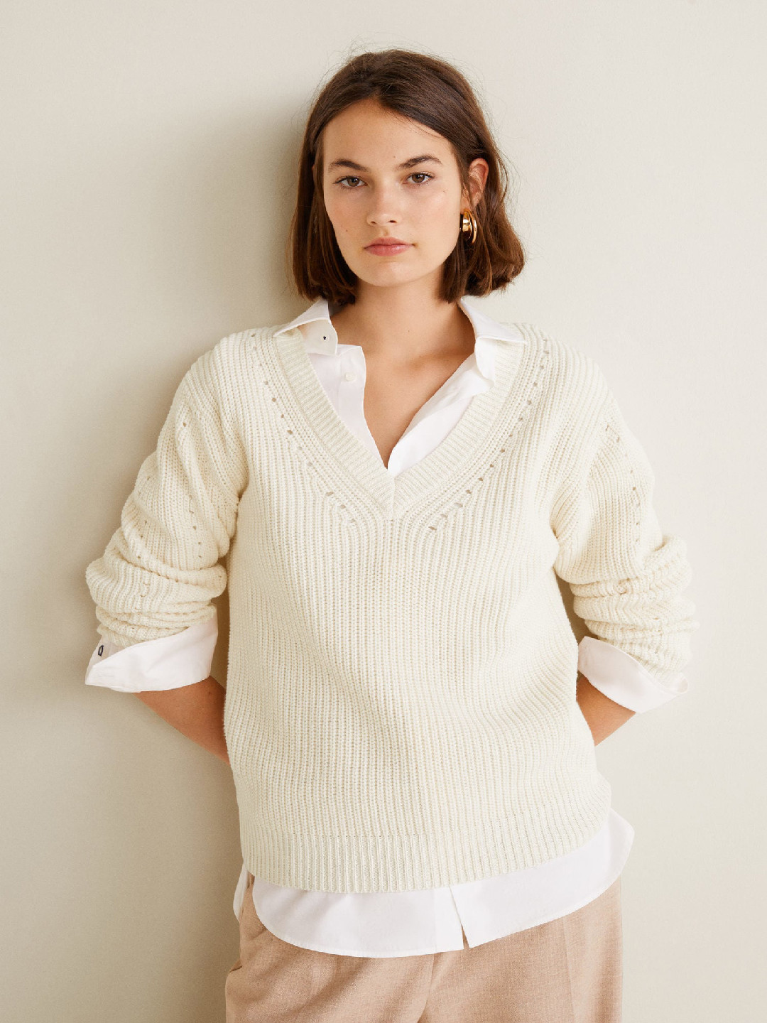 

MANGO Women Off-White Solid Pullover
