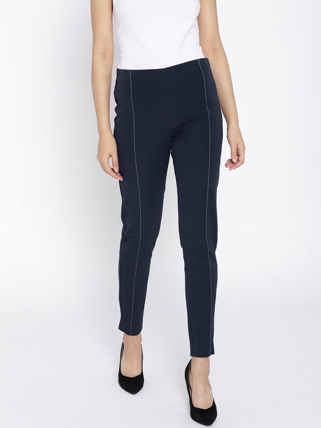 

MANGO Women Navy Blue Solid Treggings