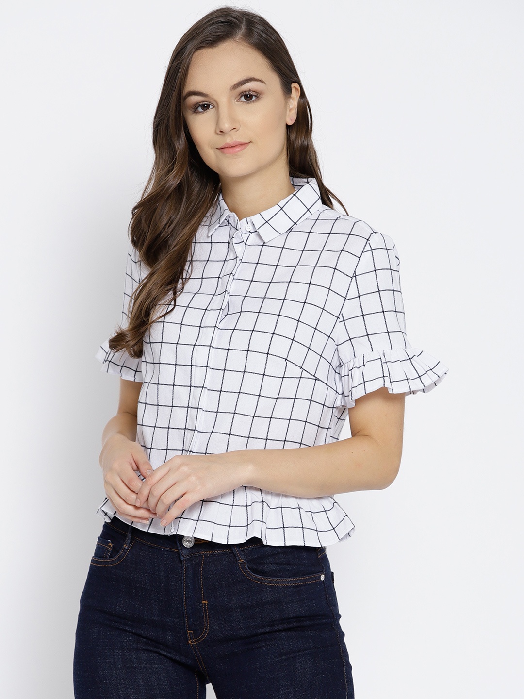 

MANGO Women White & Black Regular Fit Checked Casual Shirt