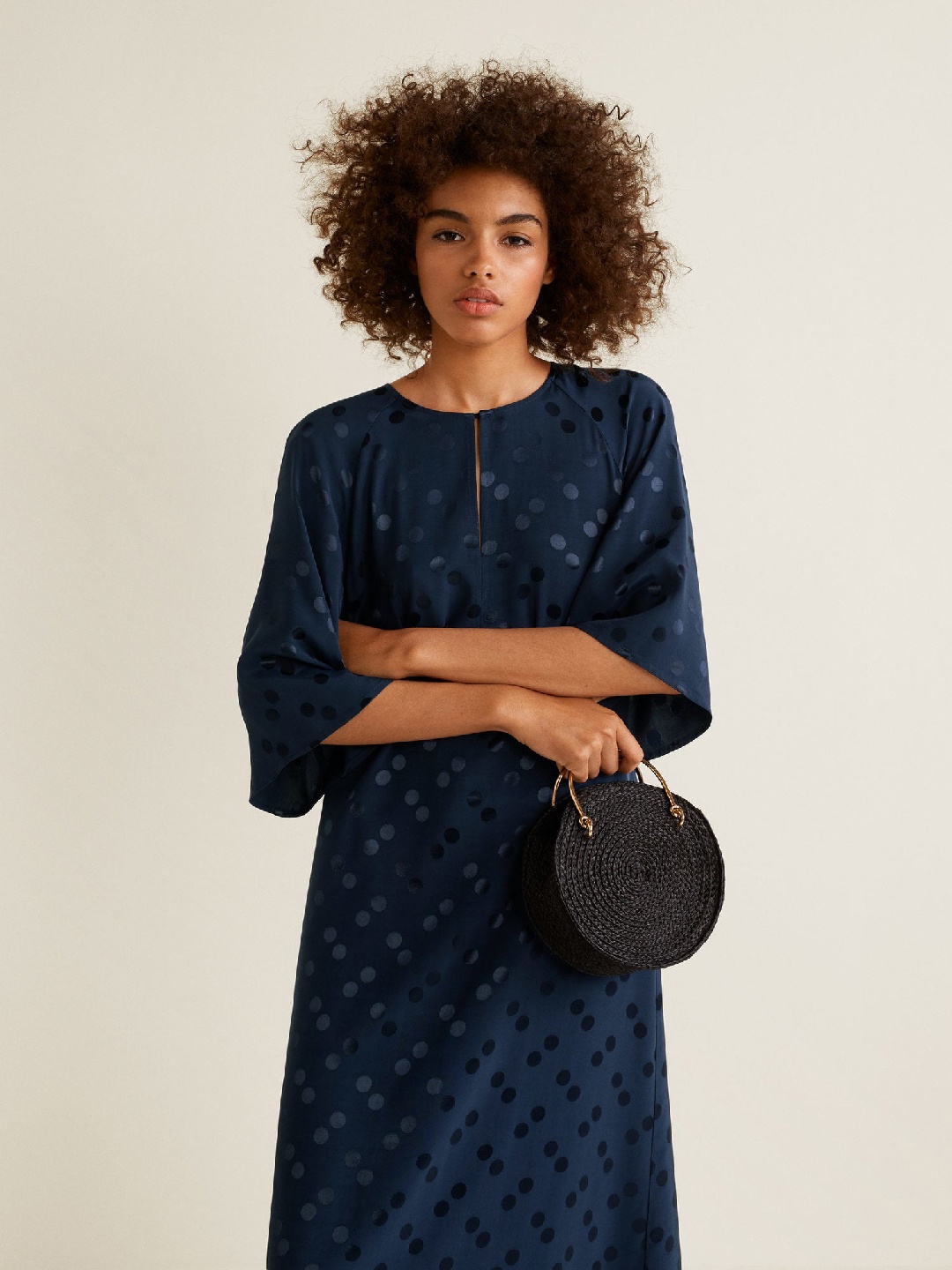 

MANGO Women Navy Self-Design Maxi Dress, Navy blue