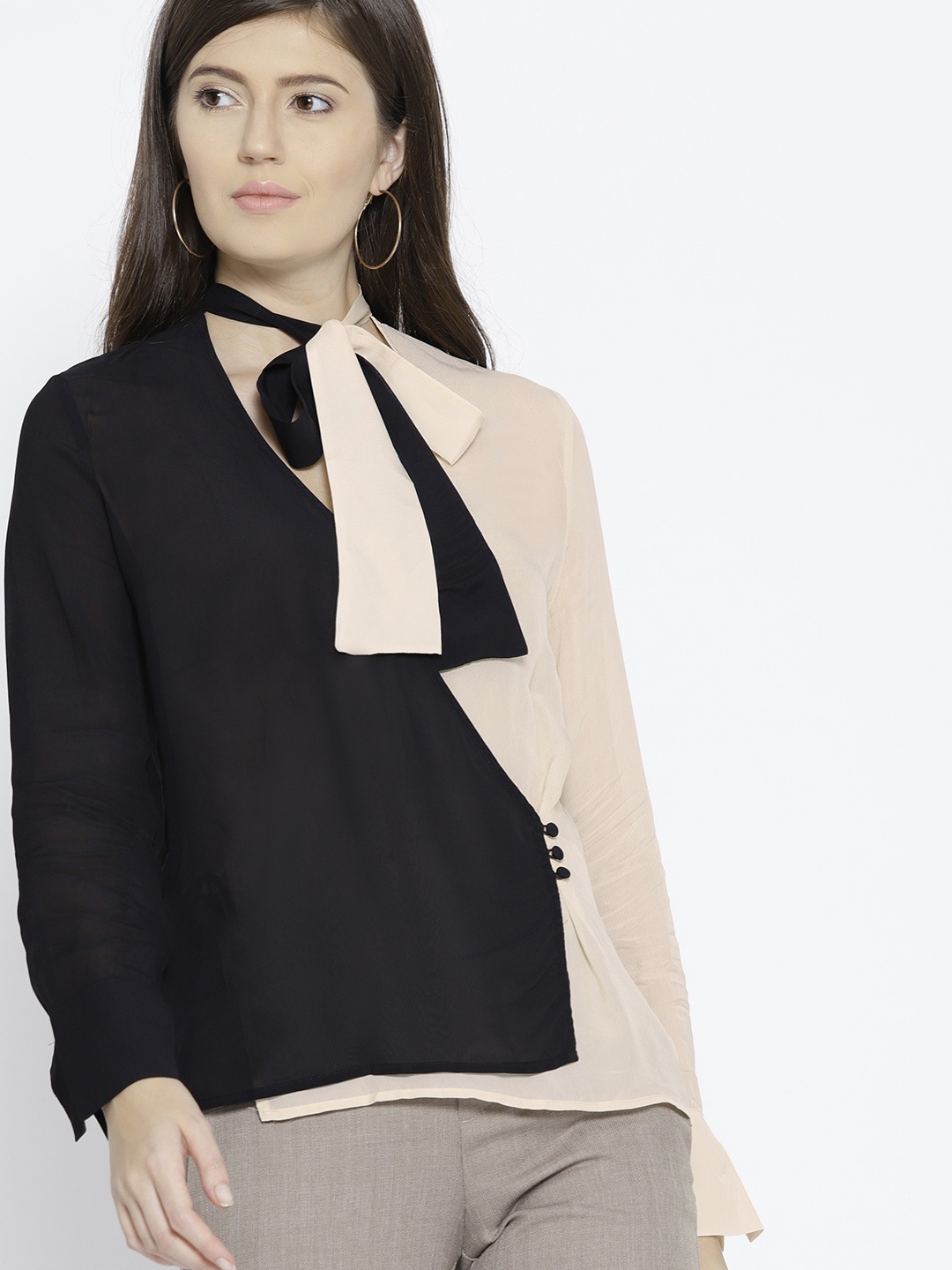 

MANGO Women Black & Beige Semi Sheer Colourblocked Wrap Top