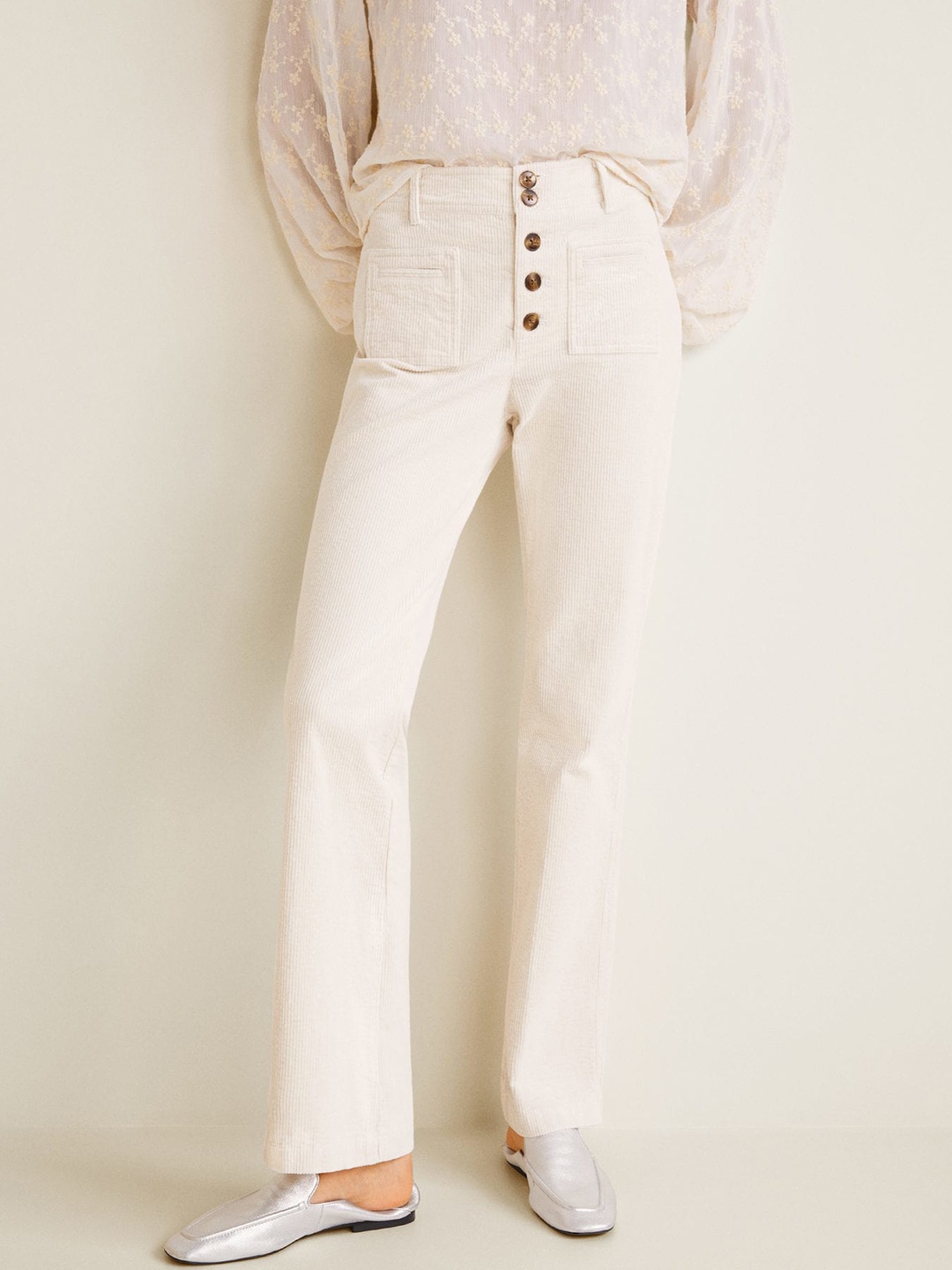 

MANGO Women Off-White Solid Trousers