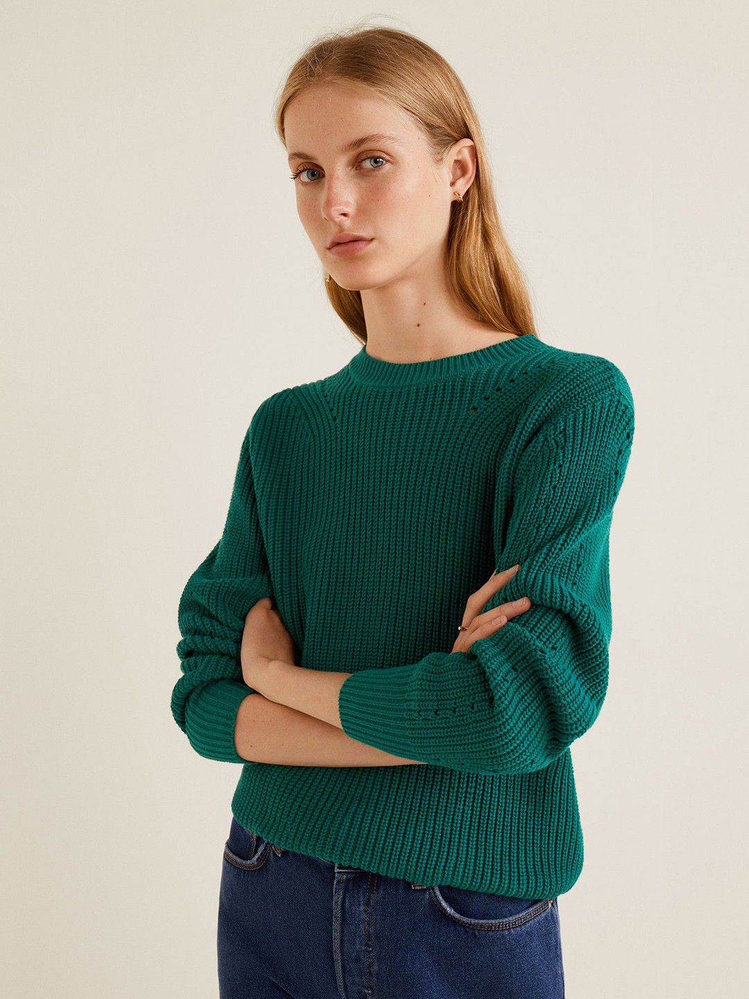 

MANGO Women Green Solid Pullover