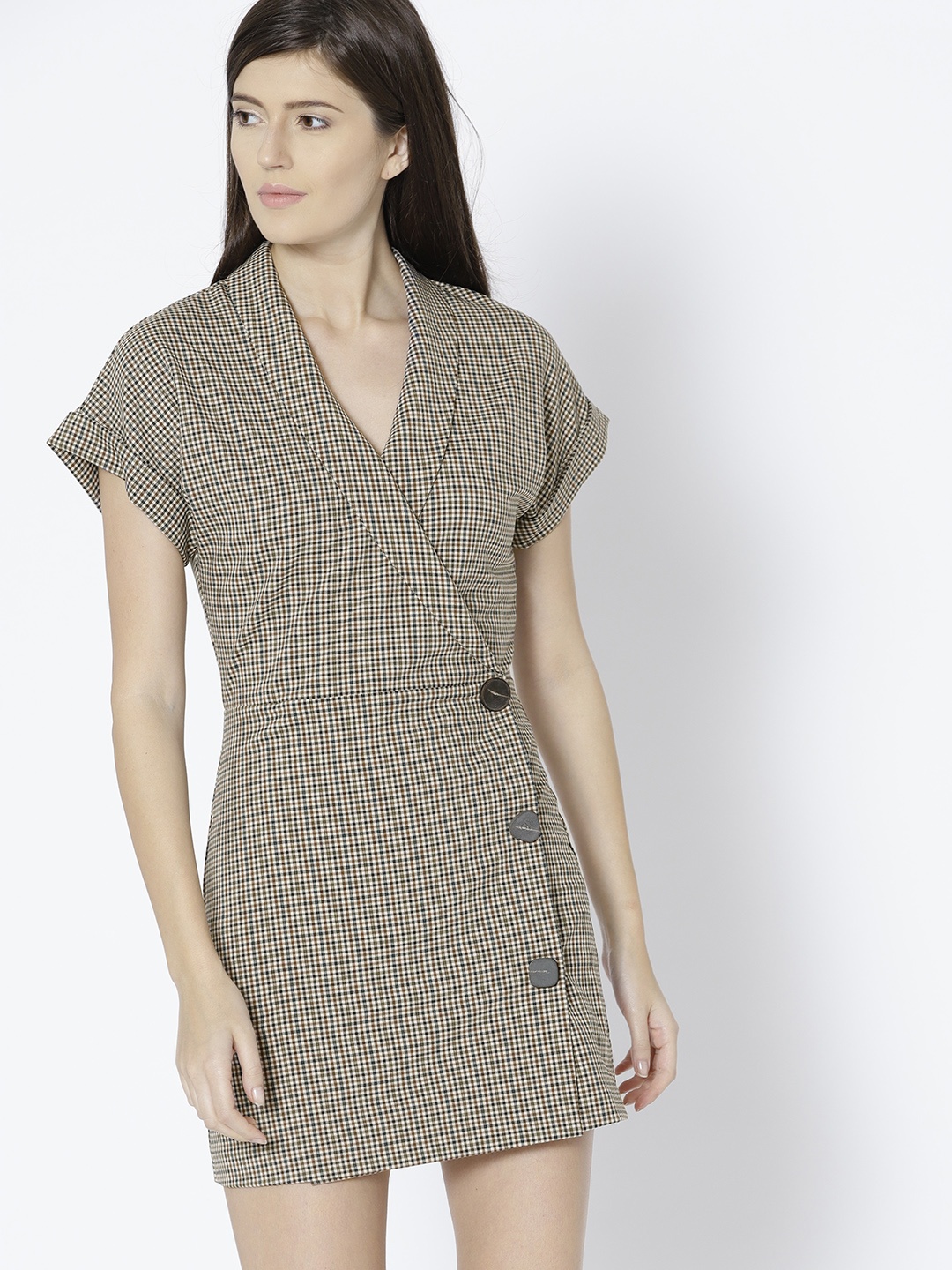 

MANGO Women White & Brown Checked Wrap Dress