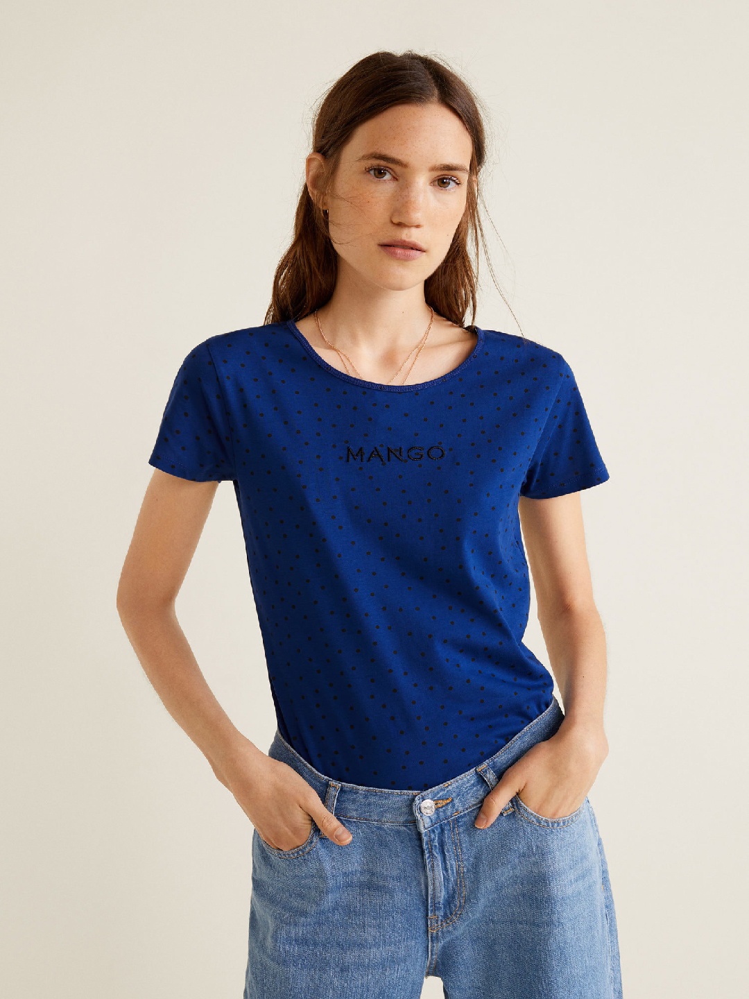 

MANGO Women Blue Black Printed Round Neck Pure Cotton T-shirt
