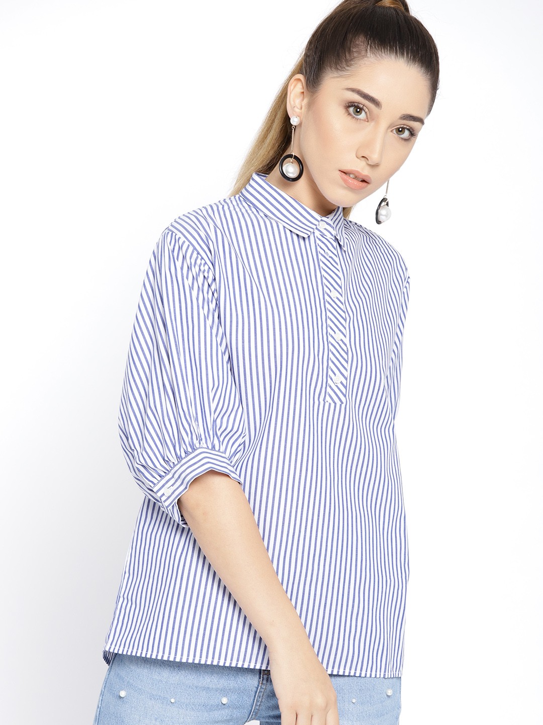 

MANGO Women Navy & White Striped Shirt Style Pure Cotton Top, Navy blue