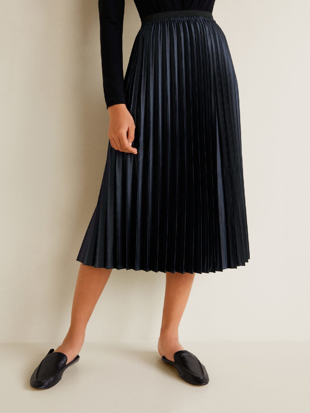 

MANGO Women Navy Blue Solid Accordion Pleats A-Line Skirt