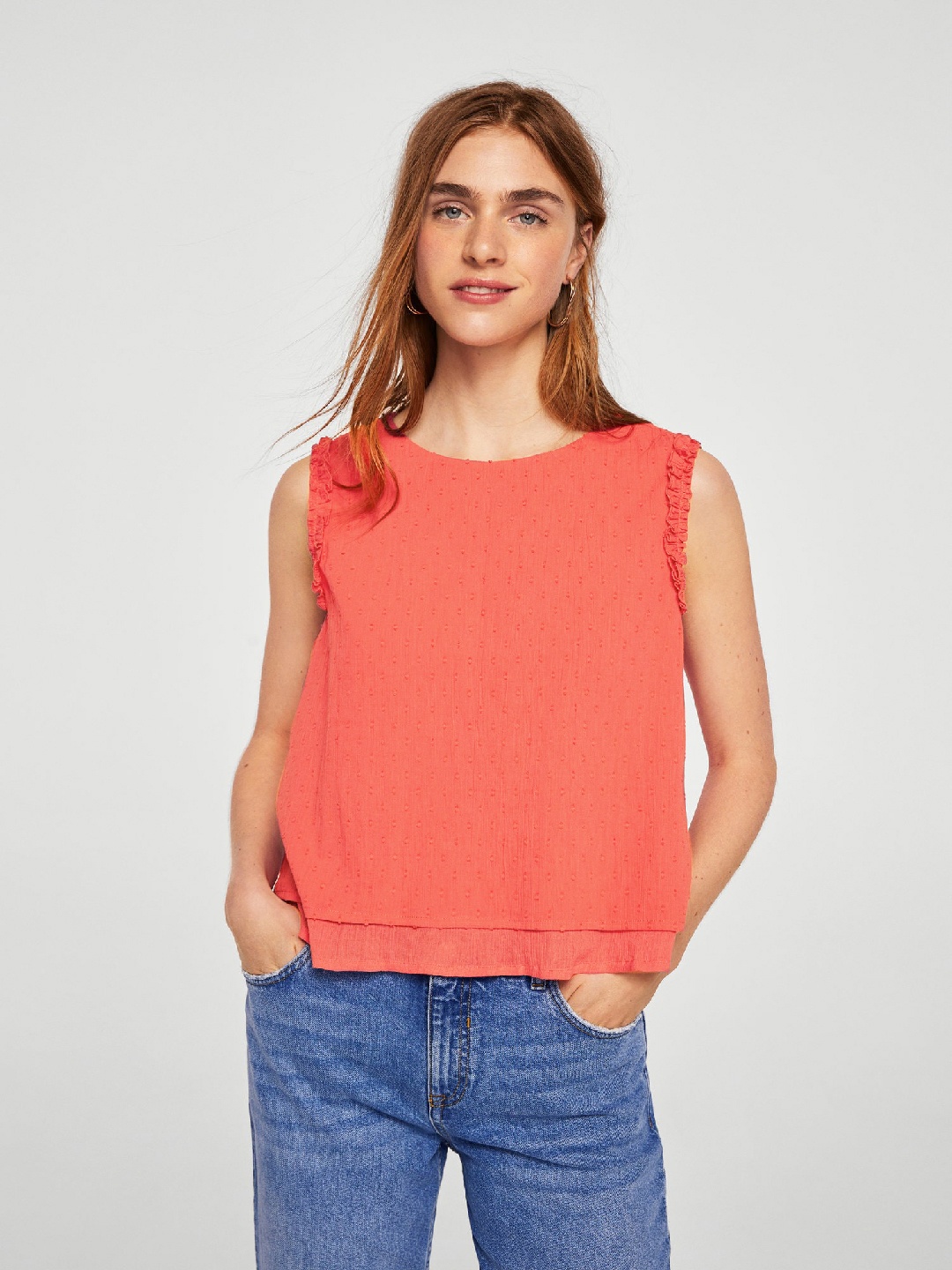 

MANGO Women Coral Pink Self Design A-Line Pure Cotton Top